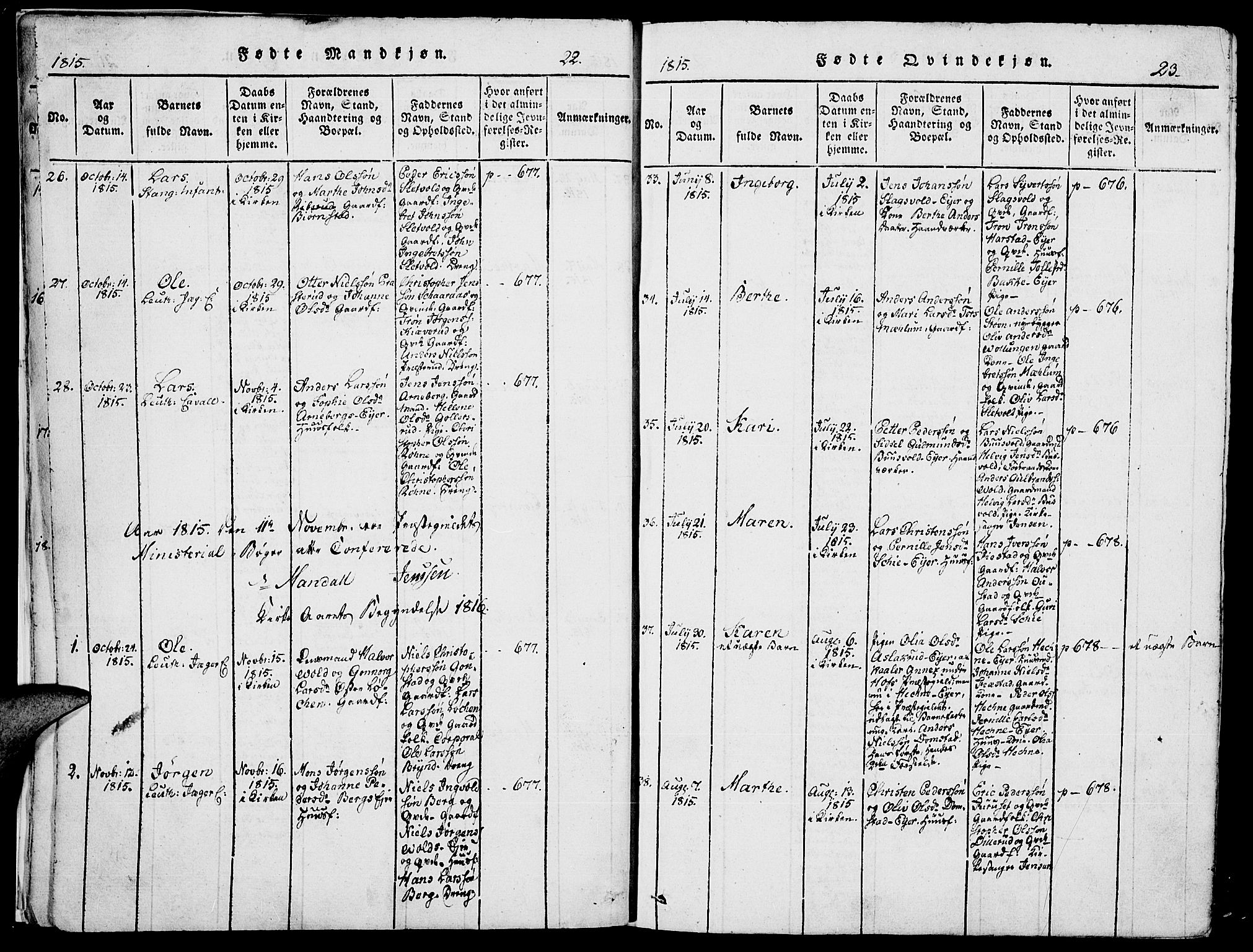 Romedal prestekontor, AV/SAH-PREST-004/K/L0002: Parish register (official) no. 2, 1814-1828, p. 22-23