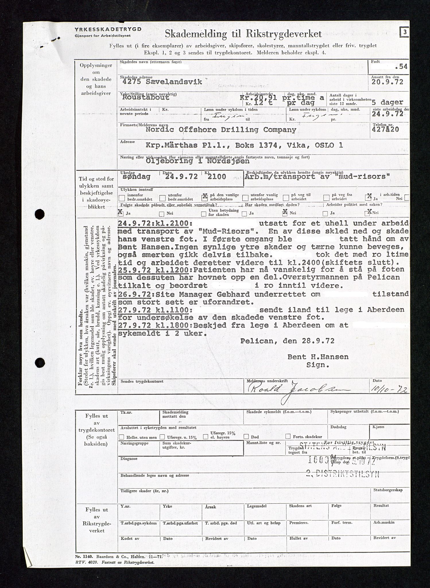 Industridepartementet, Oljekontoret, AV/SAST-A-101348/Da/L0012: Arkivnøkkel 798 Helikopter, luftfart, telekommunikasjon og skademeldinger/ulykker, 1966-1972, p. 414