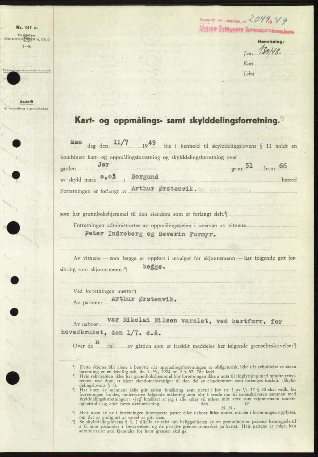 Nordre Sunnmøre sorenskriveri, AV/SAT-A-0006/1/2/2C/2Ca: Mortgage book no. A32, 1949-1949, Diary no: : 2049/1949