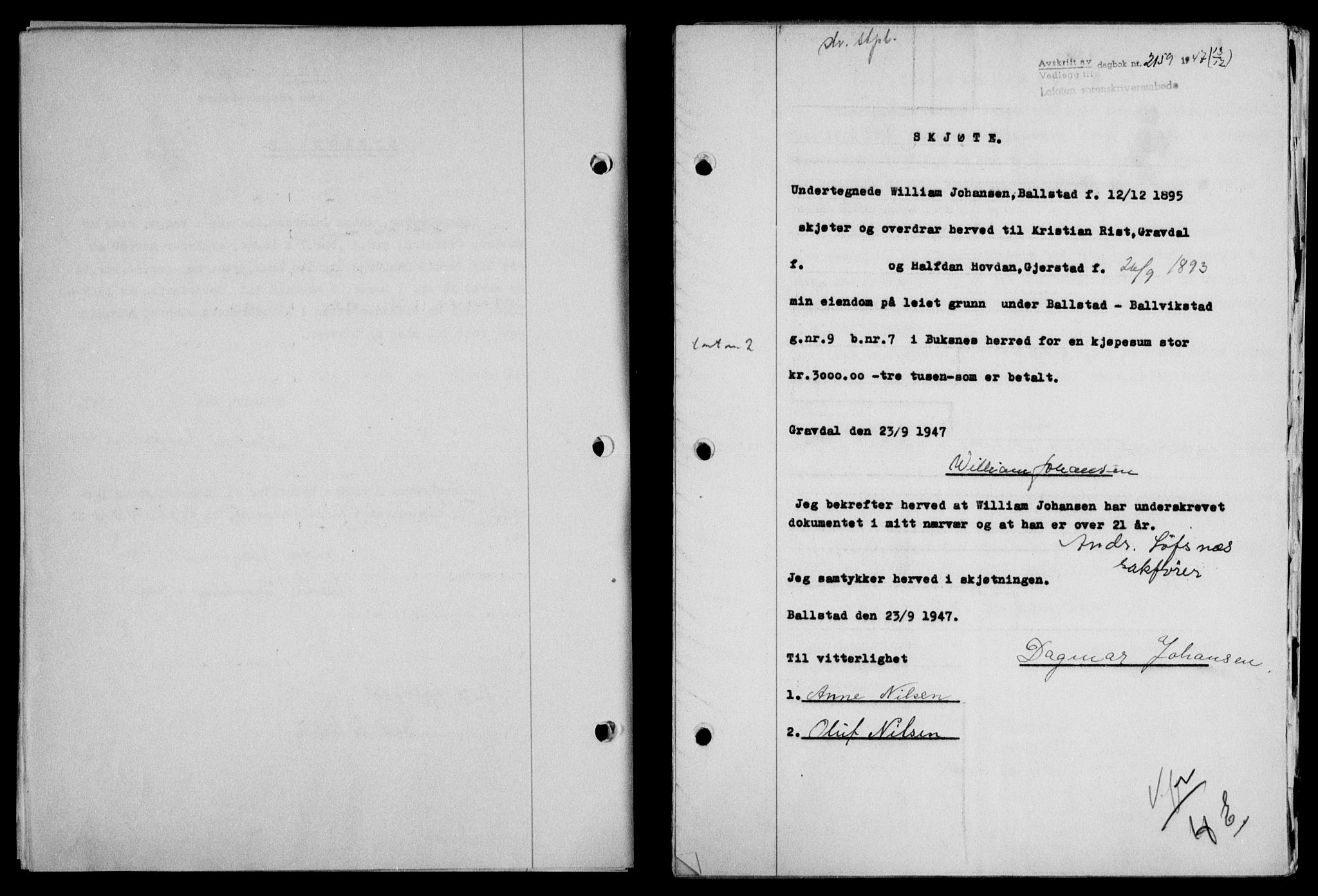 Lofoten sorenskriveri, SAT/A-0017/1/2/2C/L0017a: Mortgage book no. 17a, 1947-1948, Diary no: : 2159/1947
