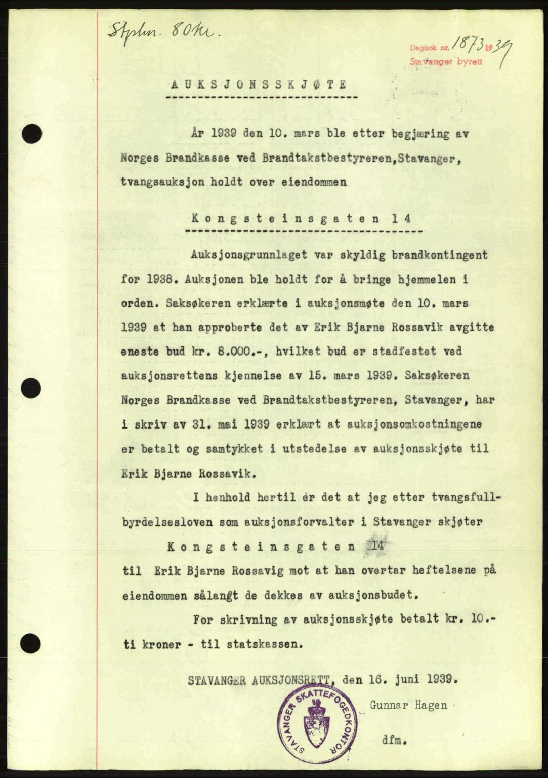 Stavanger byrett, SAST/A-100455/002/G/Gb/L0014: Mortgage book no. A4, 1938-1939, Diary no: : 1873/1939