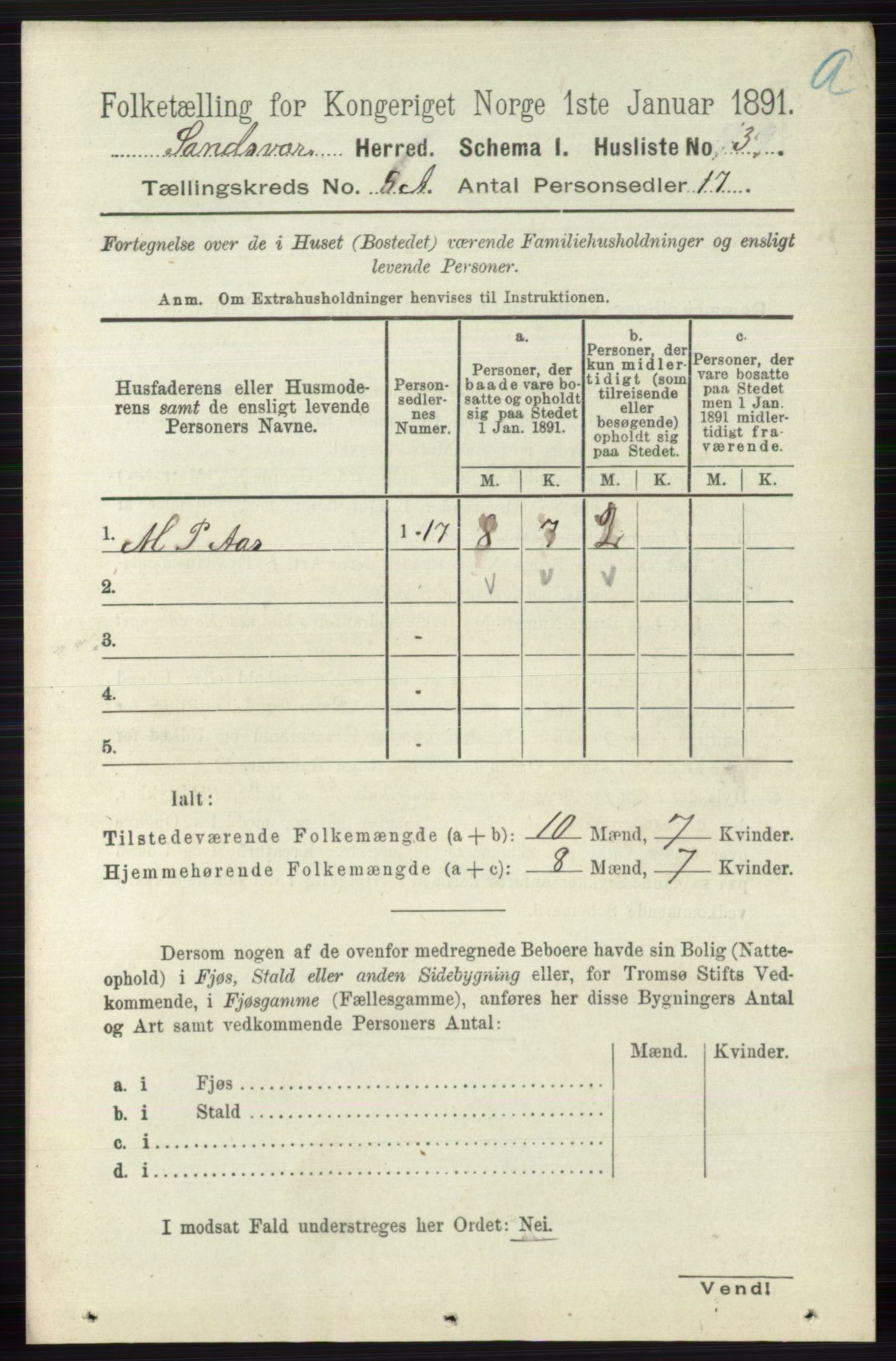 RA, 1891 census for 0629 Sandsvær, 1891, p. 2444