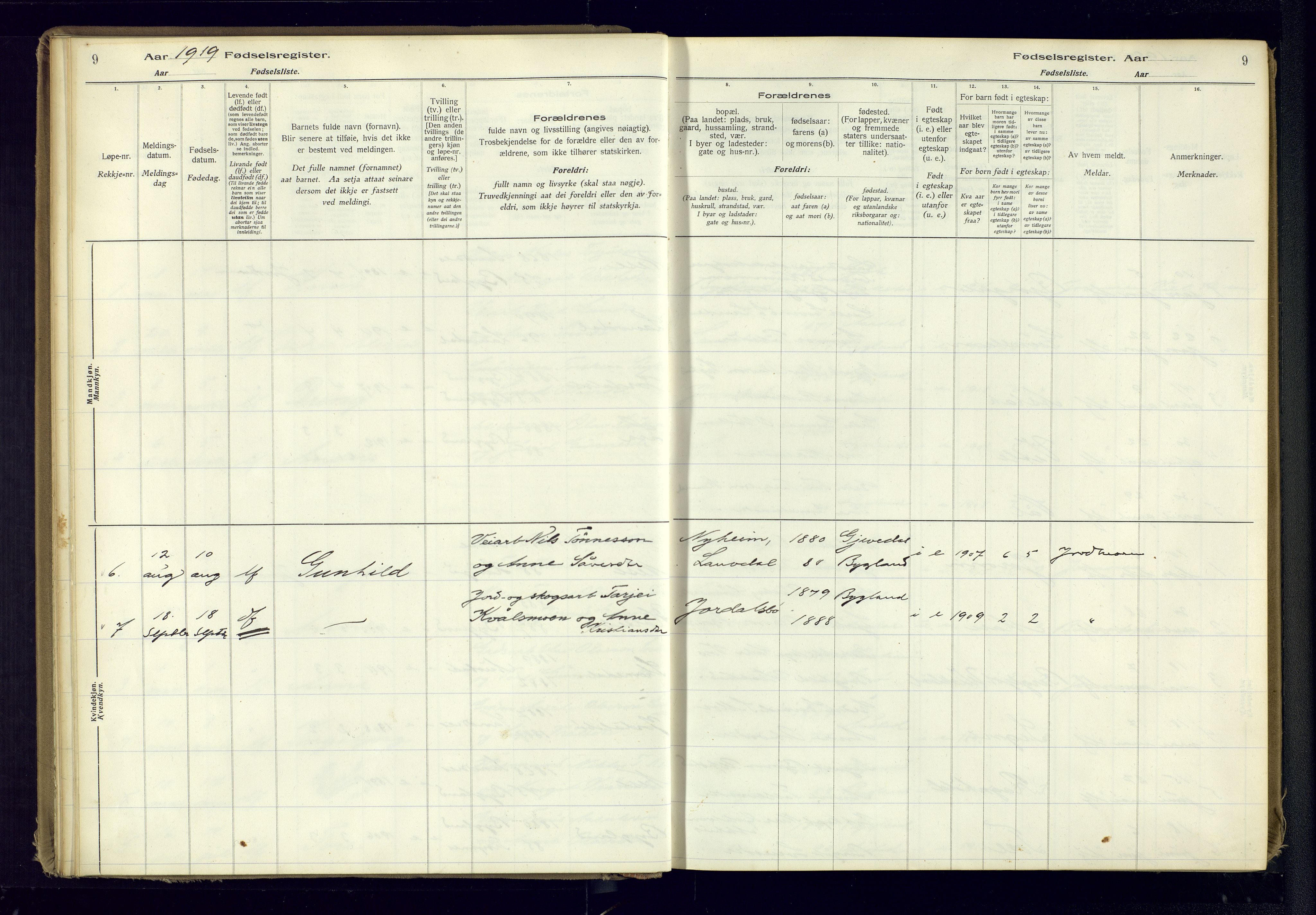 Bygland sokneprestkontor, SAK/1111-0006/J/Ja/L0001: Birth register no. II.4.2, 1916-1982, p. 9