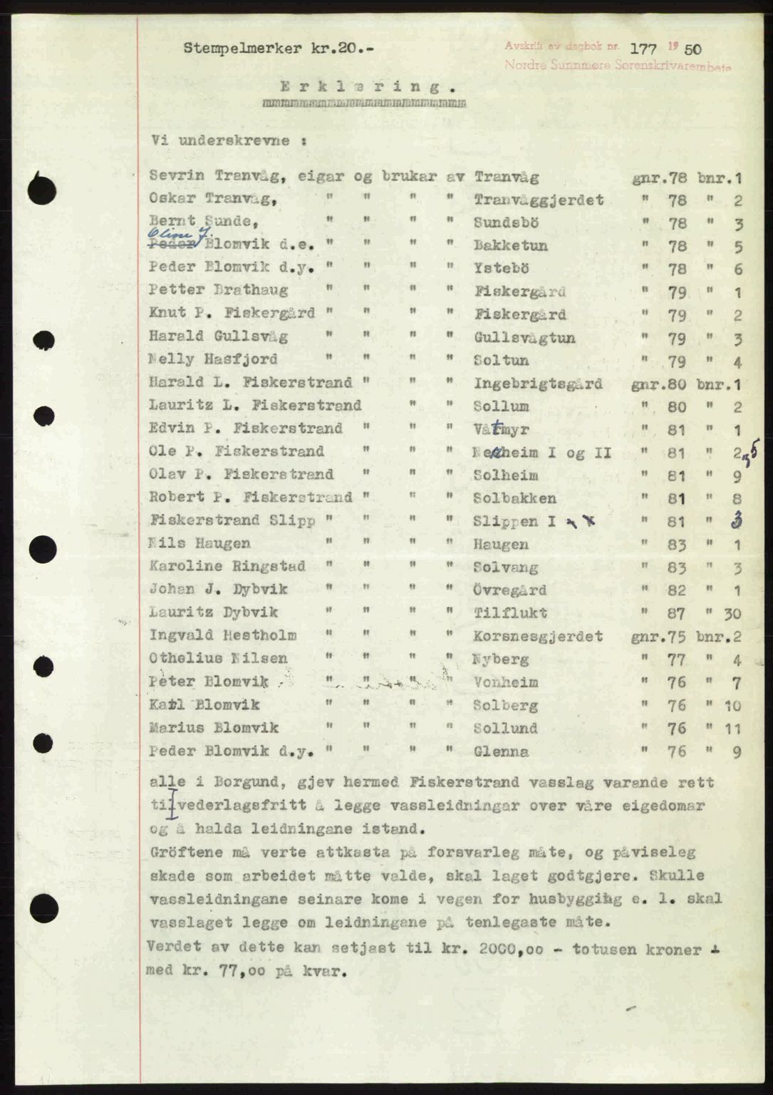 Nordre Sunnmøre sorenskriveri, AV/SAT-A-0006/1/2/2C/2Ca: Mortgage book no. A33, 1949-1950, Diary no: : 177/1950