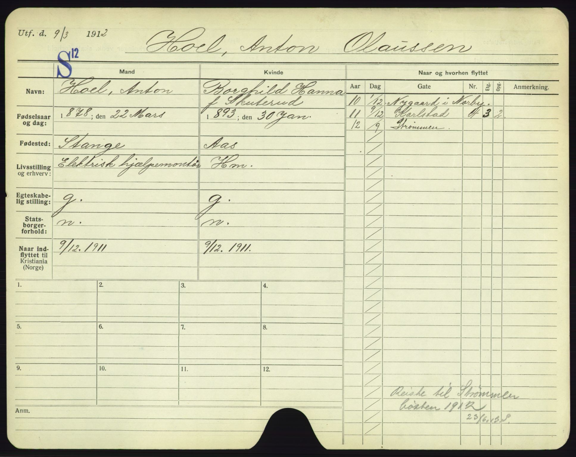 Oslo folkeregister, Registerkort, AV/SAO-A-11715/F/Fa/Fac/L0004: Menn, 1906-1914, p. 822a