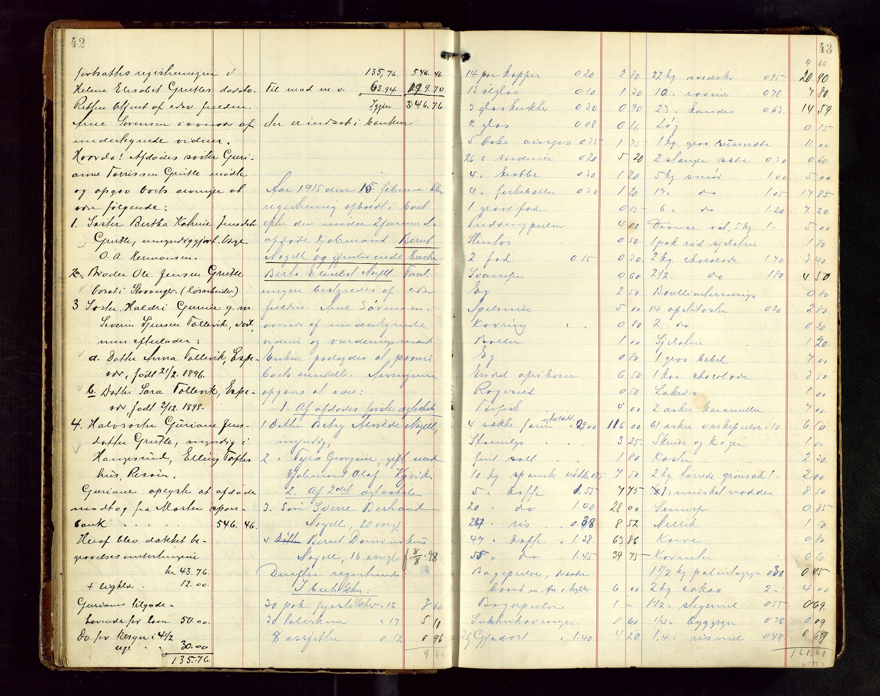 Haugesund tingrett, AV/SAST-A-101415/01/IV/IVB/L0004: Skifteregistreringsprotokoll, med register, 1914-1923, p. 42-43