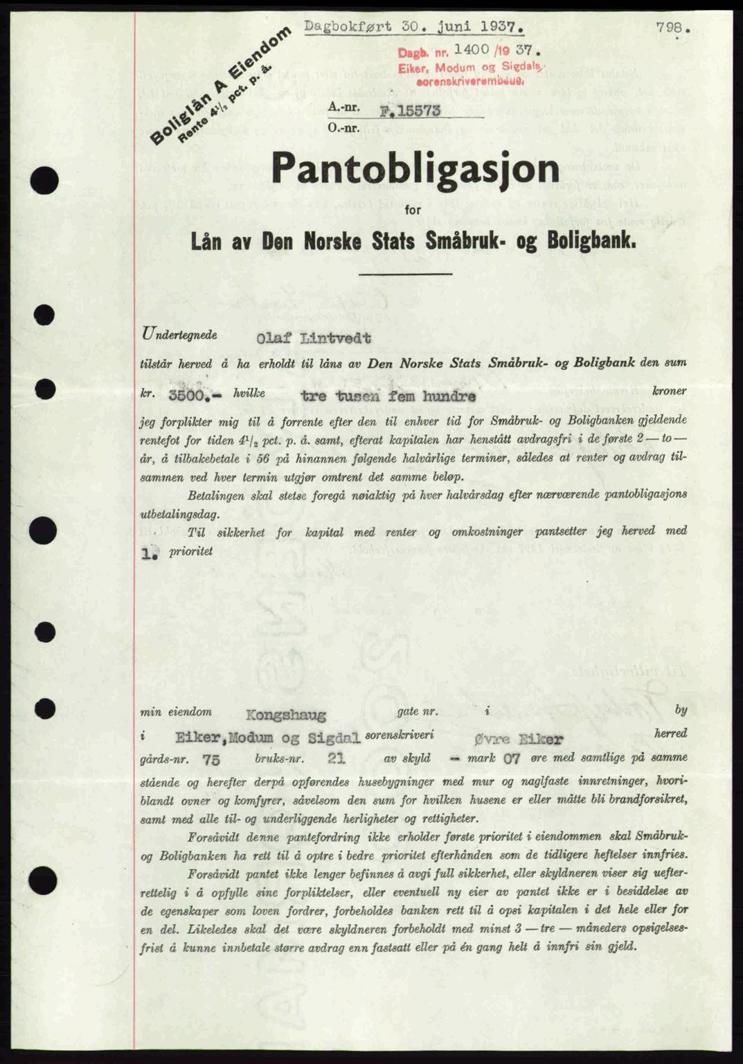 Eiker, Modum og Sigdal sorenskriveri, SAKO/A-123/G/Ga/Gab/L0035: Mortgage book no. A5, 1937-1937, Diary no: : 1400/1937
