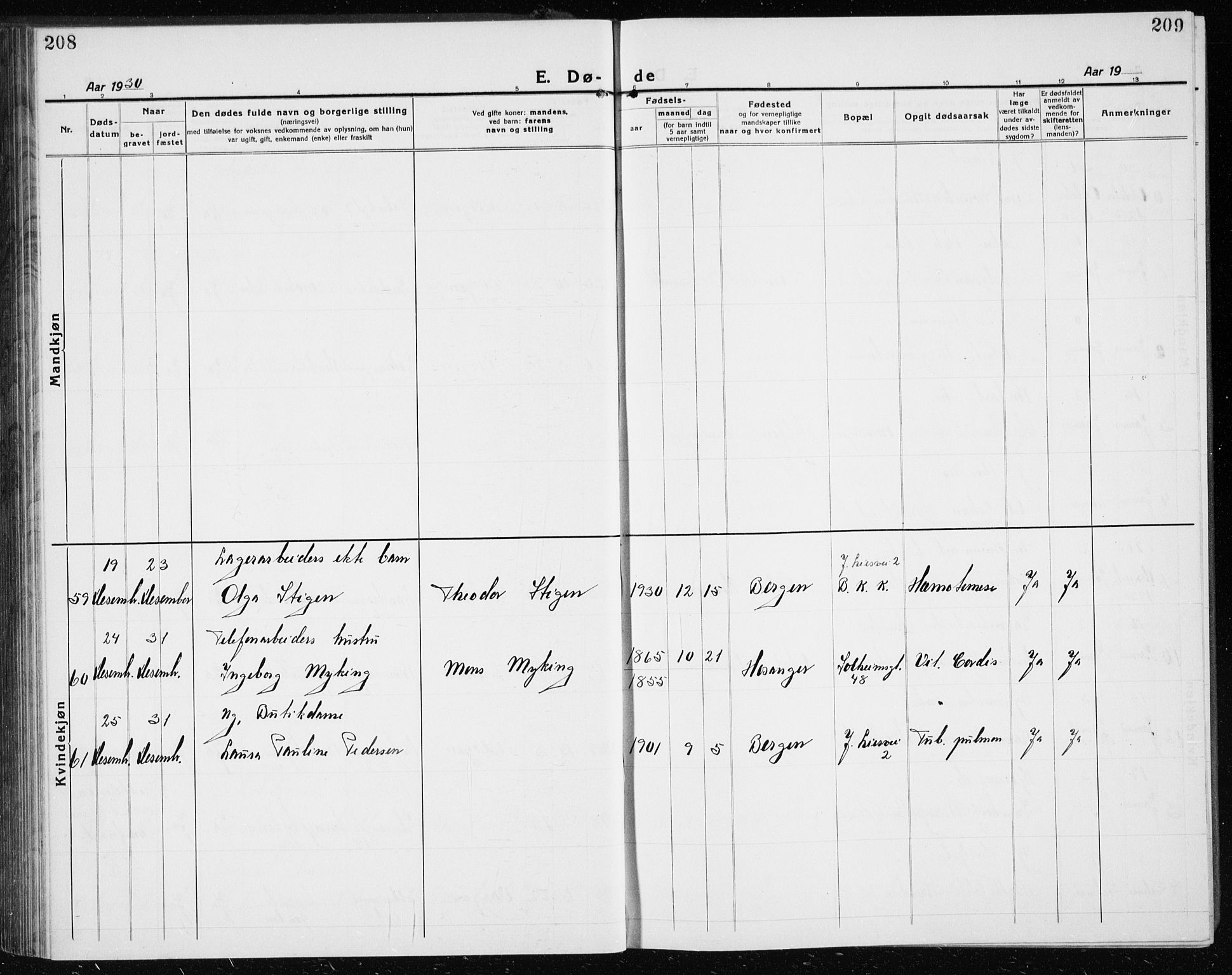 Årstad Sokneprestembete, AV/SAB-A-79301/H/Hab/L0025: Parish register (copy) no. D 2, 1922-1940, p. 208-209