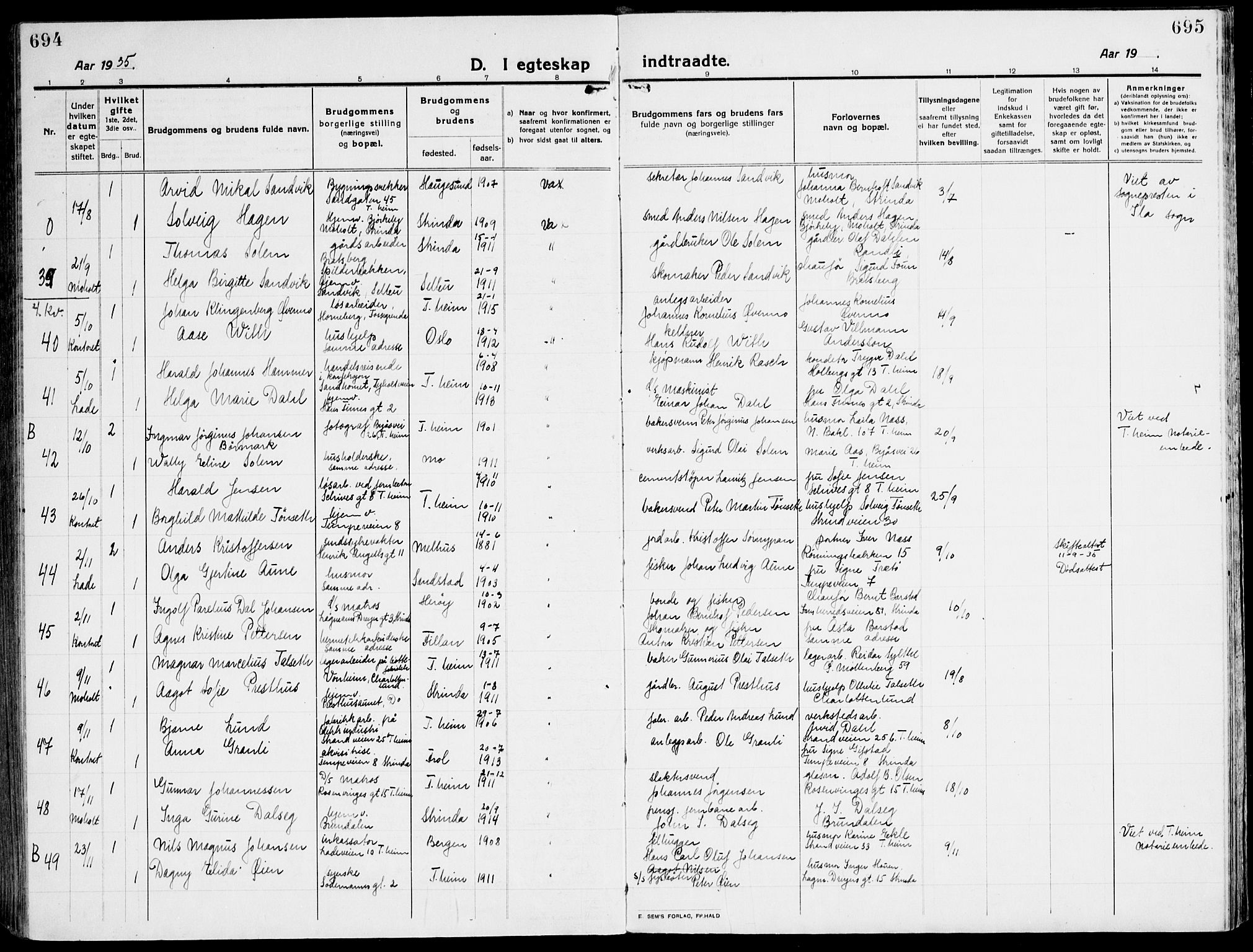 Ministerialprotokoller, klokkerbøker og fødselsregistre - Sør-Trøndelag, AV/SAT-A-1456/607/L0321: Parish register (official) no. 607A05, 1916-1935, p. 694-695