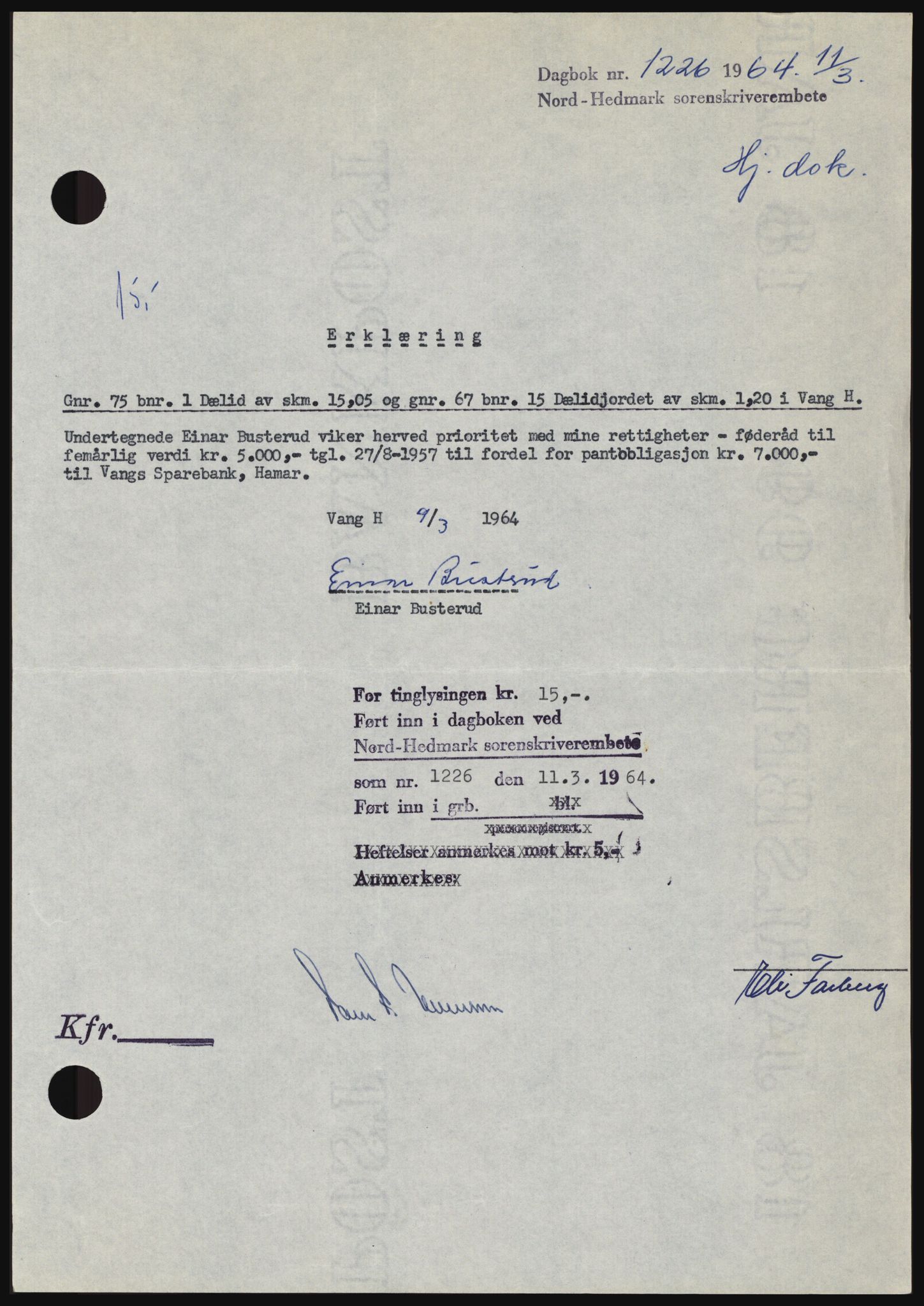 Nord-Hedmark sorenskriveri, SAH/TING-012/H/Hc/L0019: Mortgage book no. 19, 1963-1964, Diary no: : 1226/1964