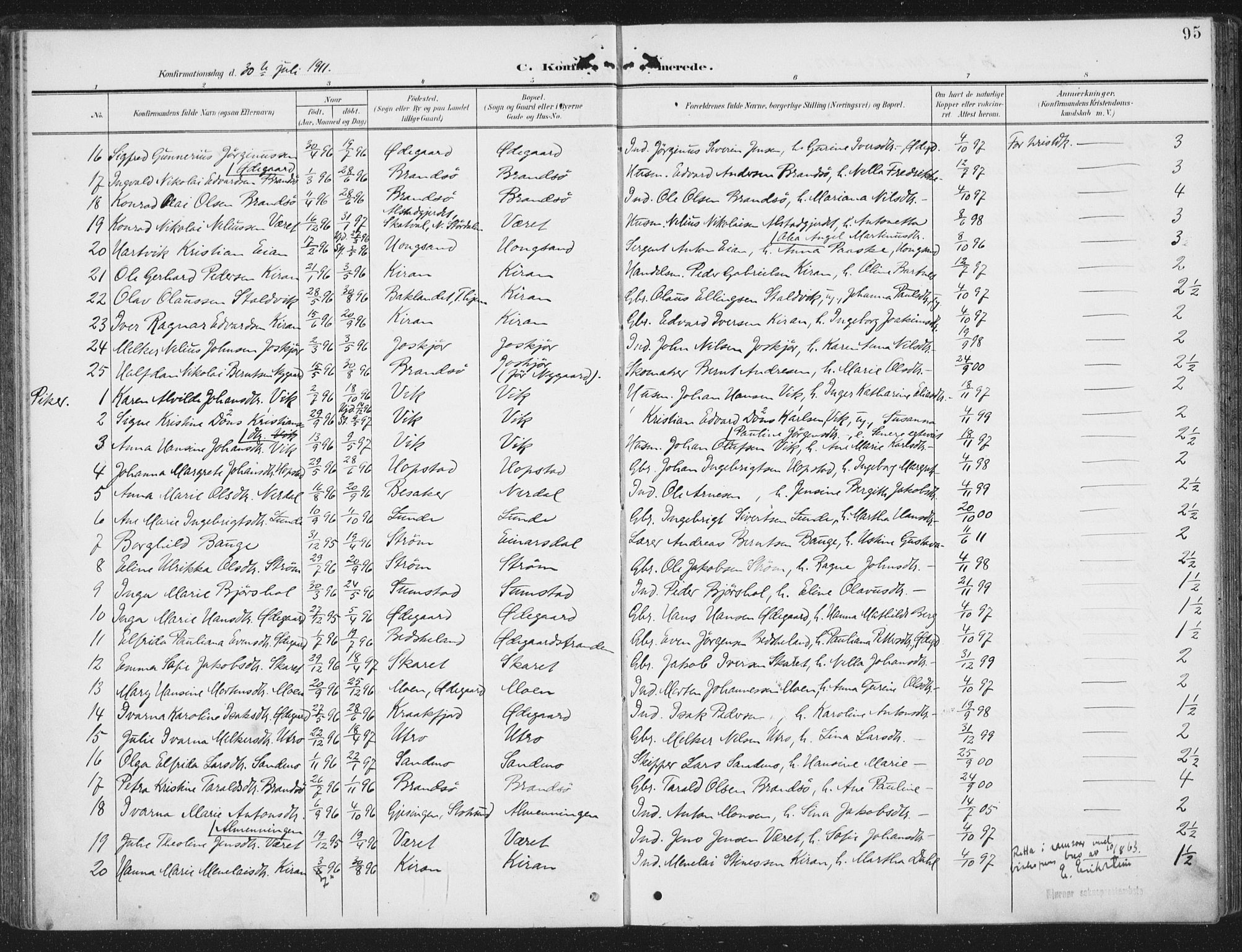 Ministerialprotokoller, klokkerbøker og fødselsregistre - Sør-Trøndelag, SAT/A-1456/657/L0709: Parish register (official) no. 657A10, 1905-1919, p. 95