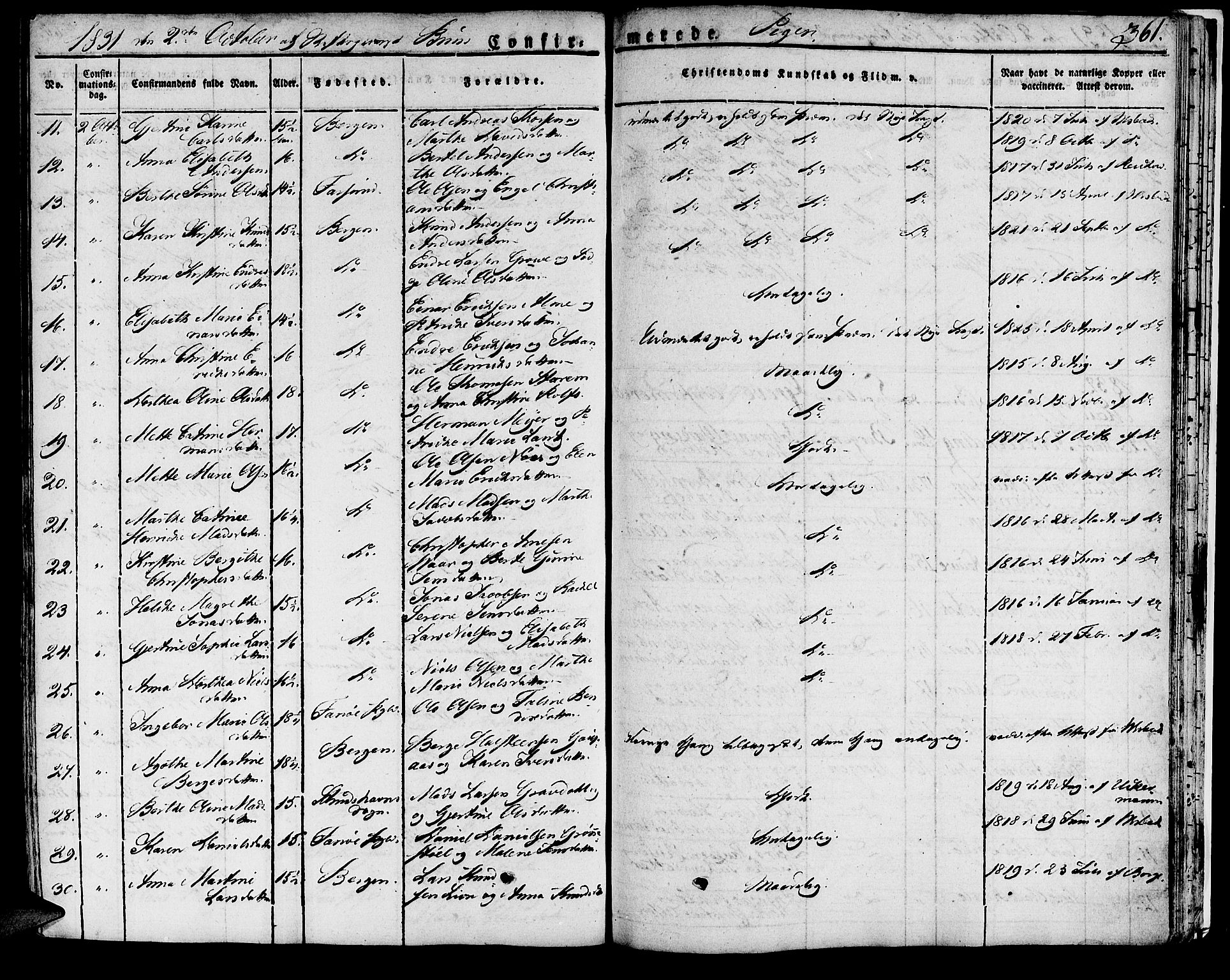 Domkirken sokneprestembete, SAB/A-74801/H/Haa/L0012: Parish register (official) no. A 12, 1821-1840, p. 361