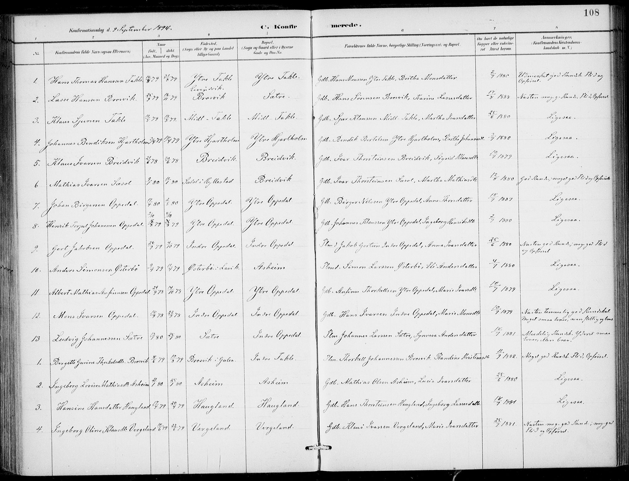 Gulen sokneprestembete, AV/SAB-A-80201/H/Haa/Haac/L0002: Parish register (official) no. C  2, 1882-1914, p. 108