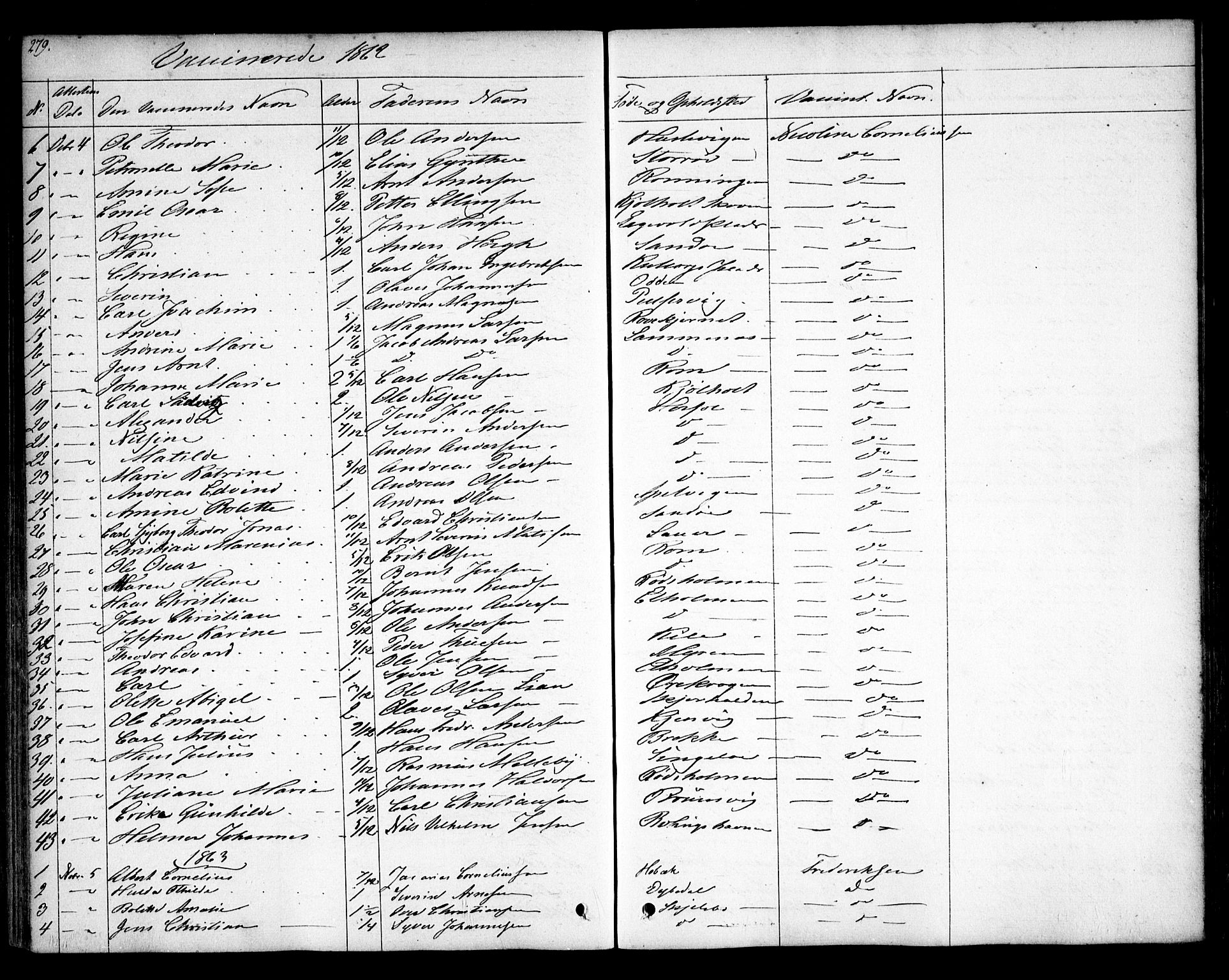 Hvaler prestekontor Kirkebøker, SAO/A-2001/F/Fa/L0006: Parish register (official) no. I 6, 1846-1863, p. 279