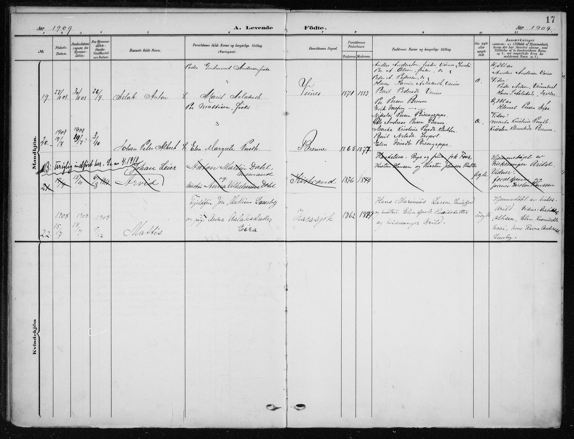 Kistrand/Porsanger sokneprestembete, AV/SATØ-S-1351/H/Ha/L0014.kirke: Parish register (official) no. 14, 1908-1917, p. 17