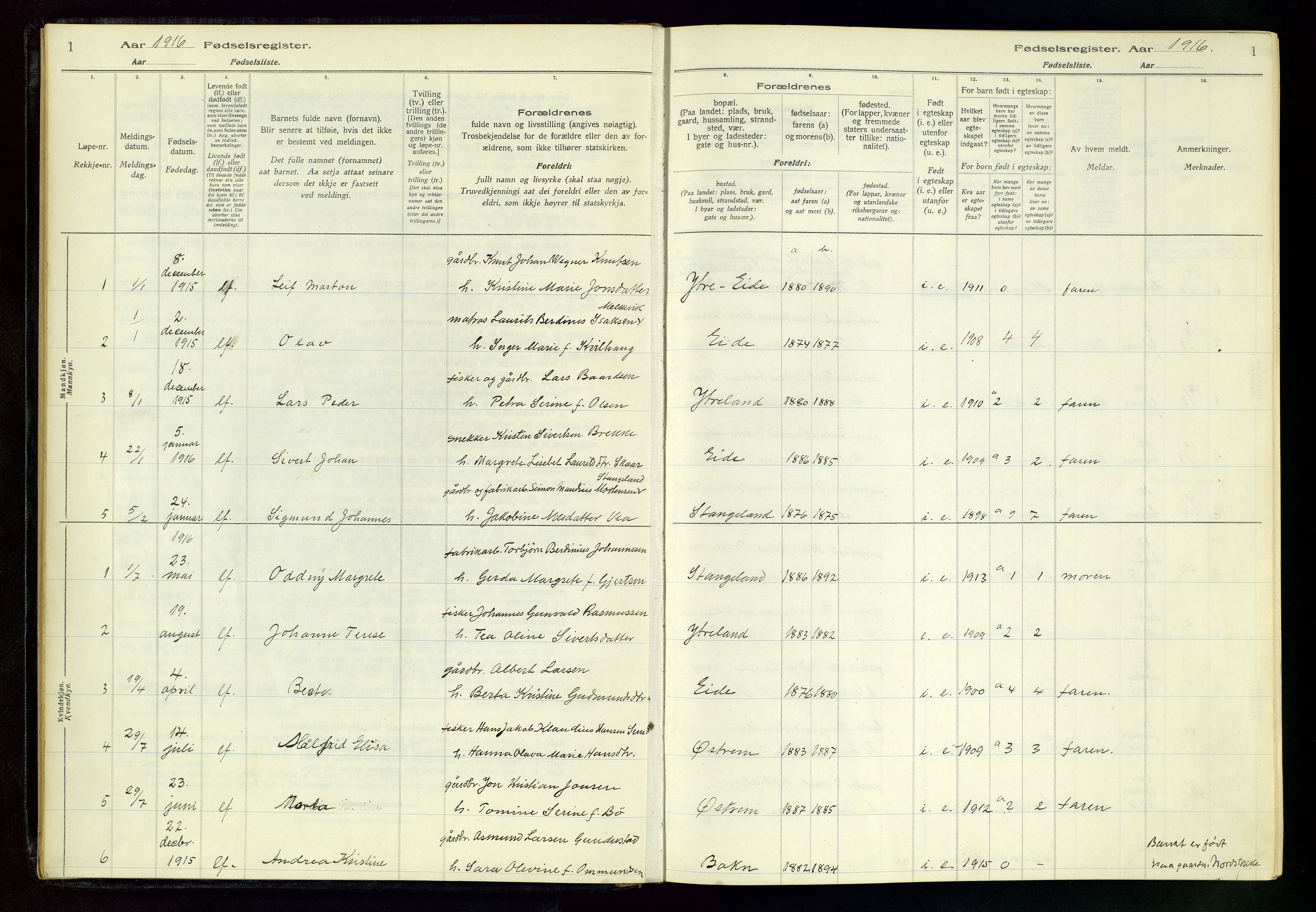 Kopervik sokneprestkontor, AV/SAST-A-101850/I/Id/L0004: Birth register no. 4, 1916-1958, p. 1