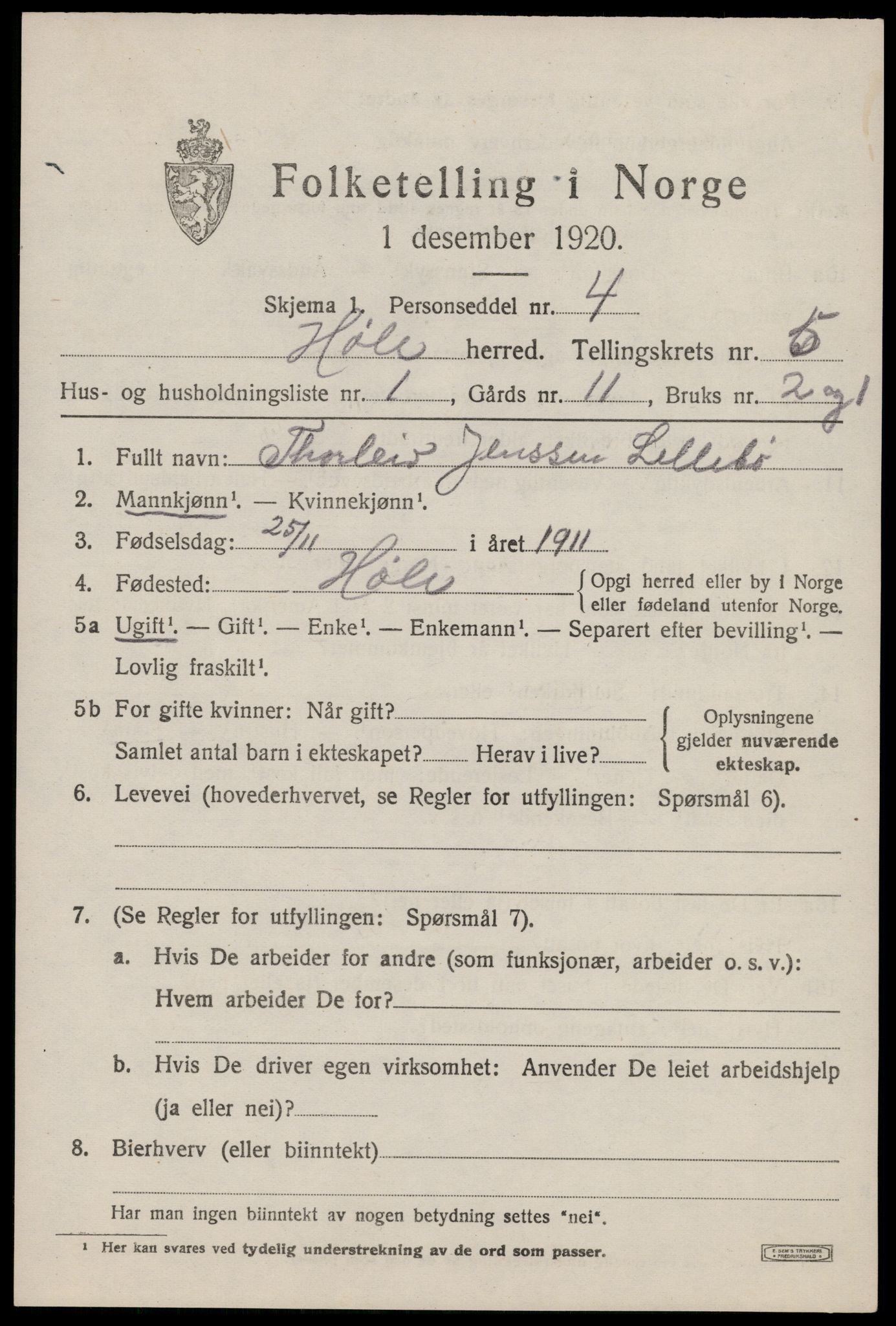 SAST, 1920 census for Høle, 1920, p. 1659