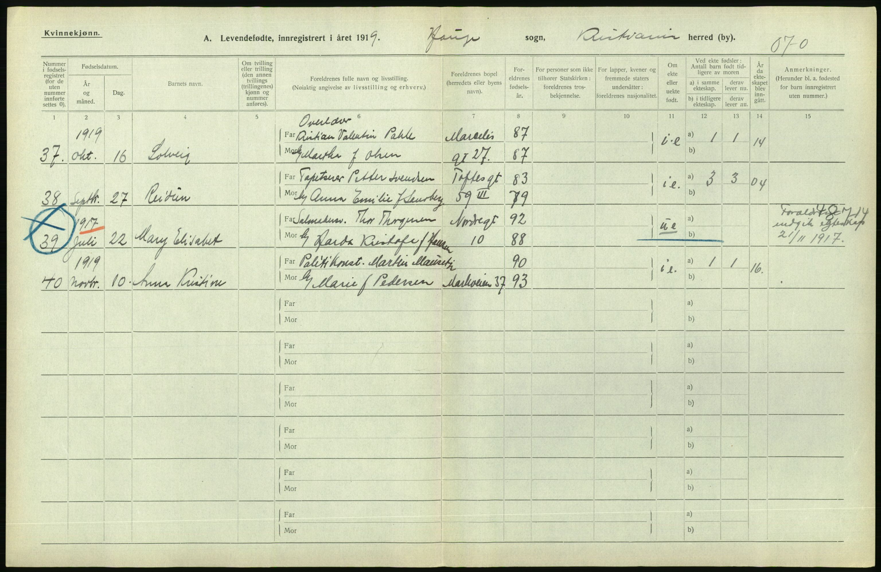 Statistisk sentralbyrå, Sosiodemografiske emner, Befolkning, AV/RA-S-2228/D/Df/Dfb/Dfbi/L0008: Kristiania: Levendefødte menn og kvinner., 1919