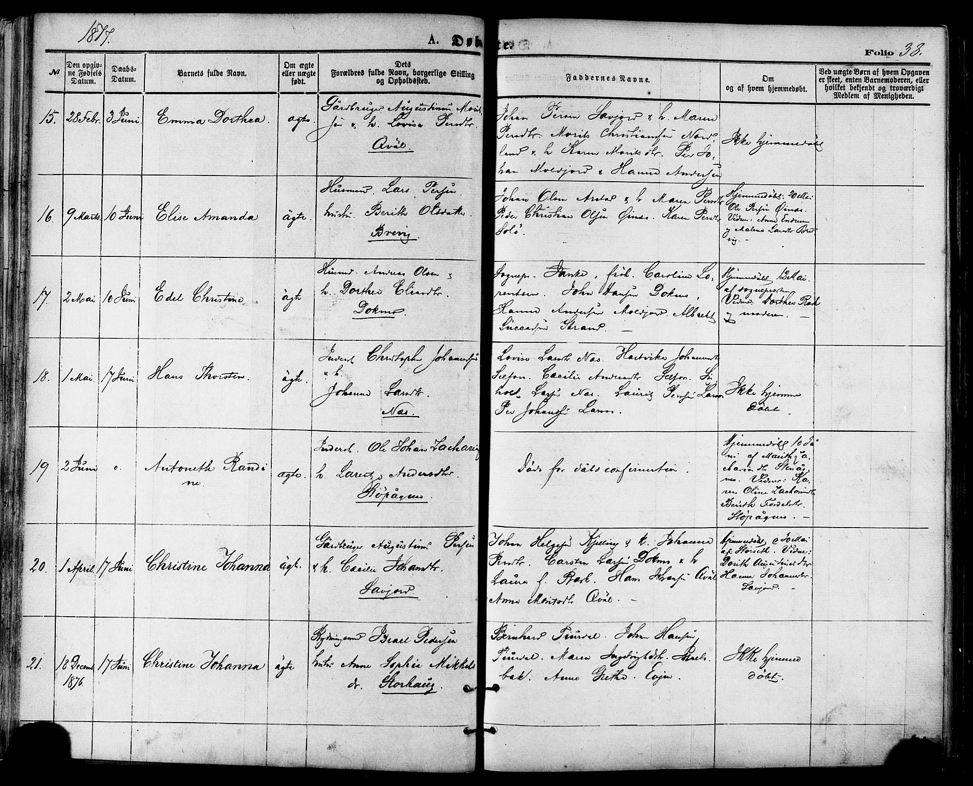 Ministerialprotokoller, klokkerbøker og fødselsregistre - Nordland, SAT/A-1459/846/L0645: Parish register (official) no. 846A03, 1872-1886, p. 38