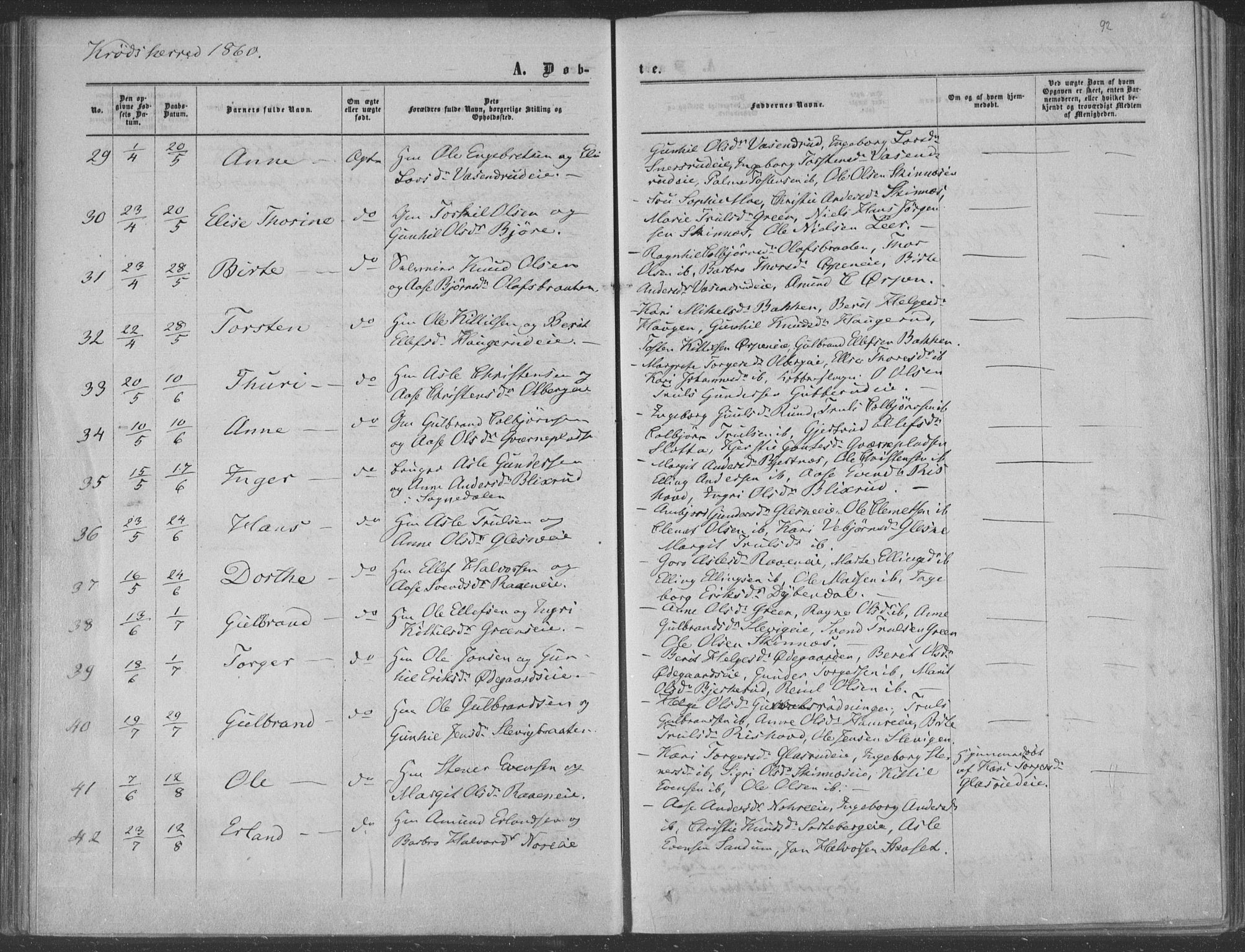 Sigdal kirkebøker, AV/SAKO-A-245/F/Fa/L0009a: Parish register (official) no. I 9A, 1860-1871, p. 92