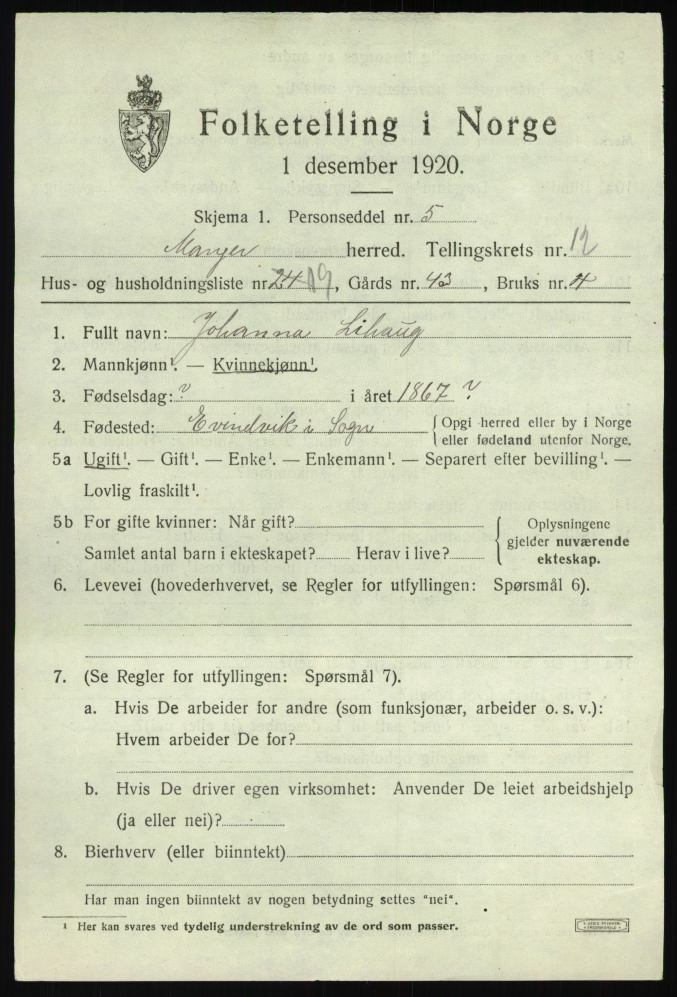 SAB, 1920 census for Manger, 1920, p. 7748