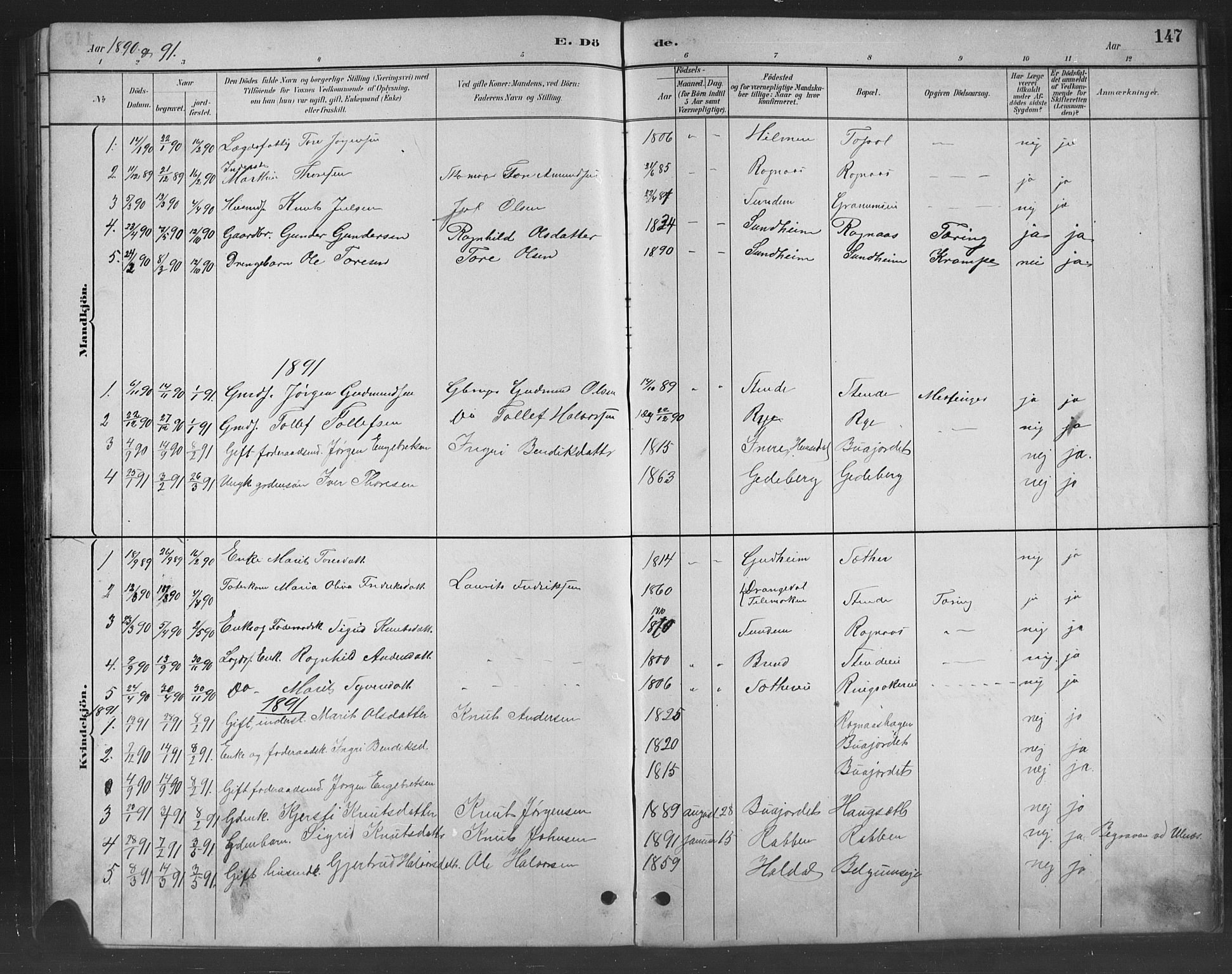 Nord-Aurdal prestekontor, SAH/PREST-132/H/Ha/Hab/L0008: Parish register (copy) no. 8, 1883-1916, p. 147