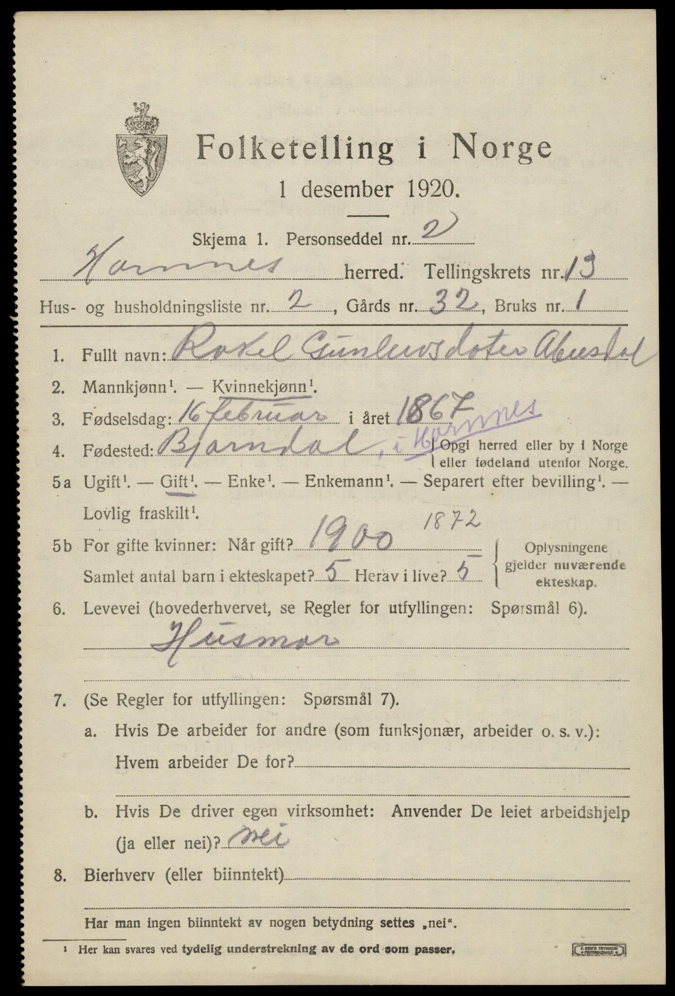 SAK, 1920 census for Hornnes, 1920, p. 3067