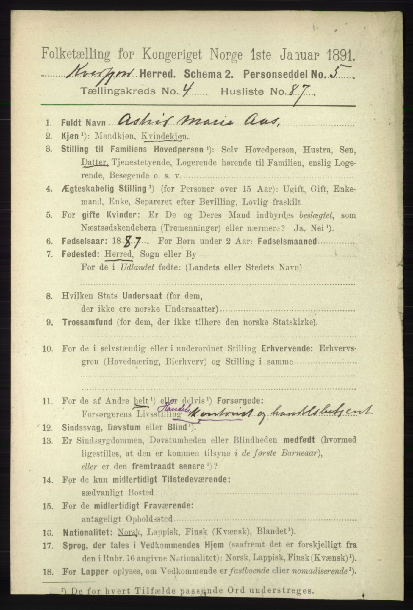 RA, 1891 census for 1911 Kvæfjord, 1891, p. 2498