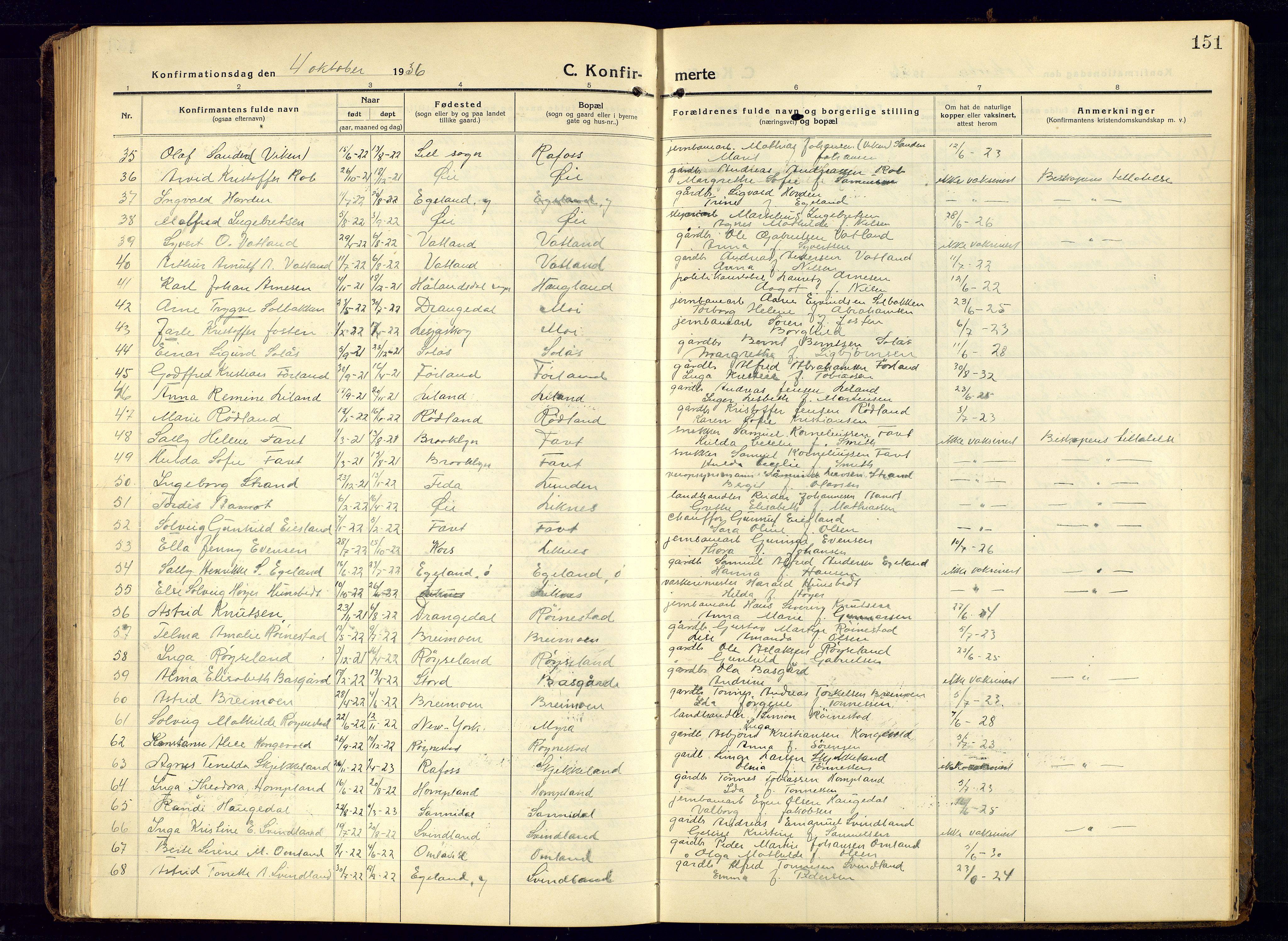 Kvinesdal sokneprestkontor, AV/SAK-1111-0026/F/Fb/Fbb/L0004: Parish register (copy) no. B 4, 1917-1938, p. 151