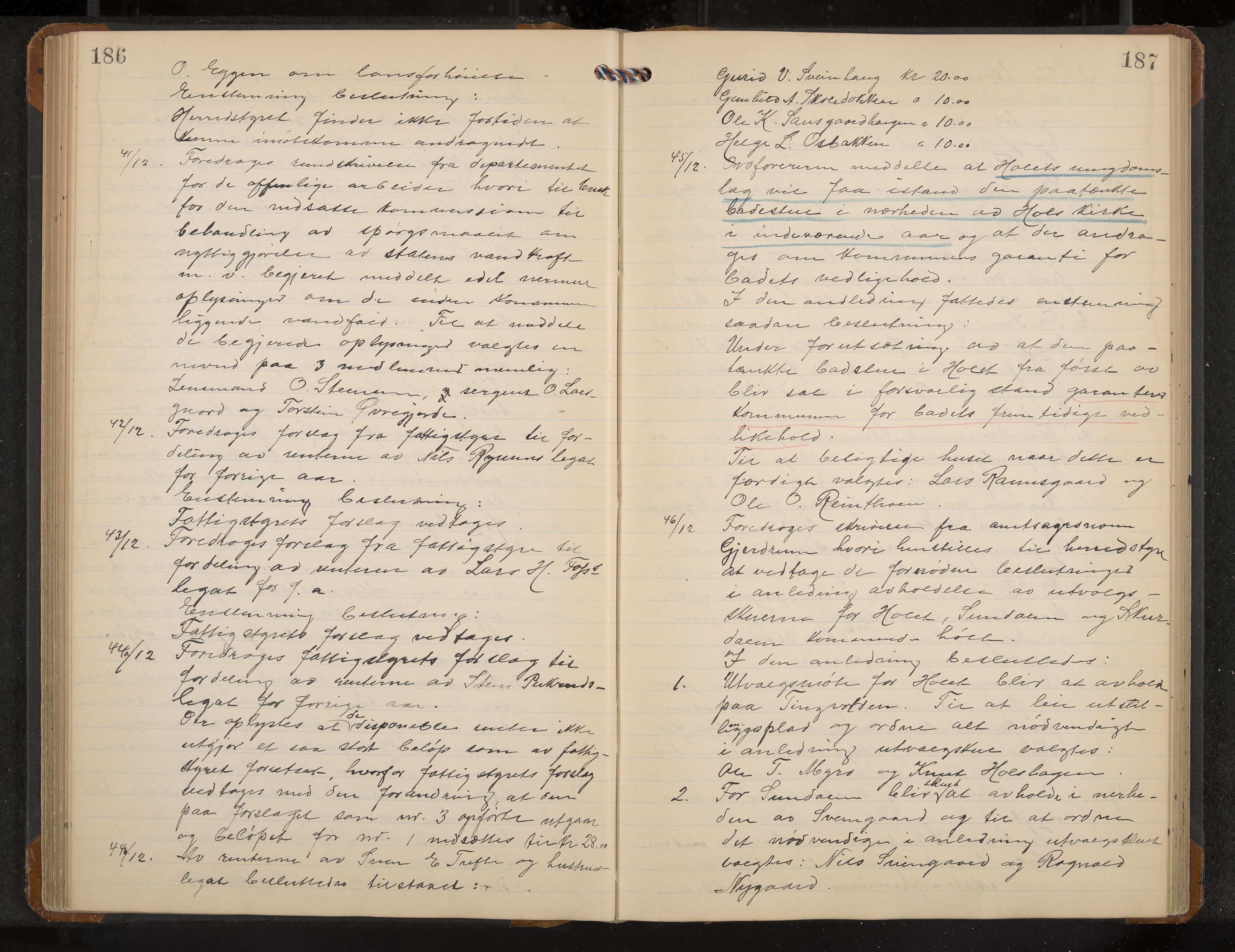 Hol formannskap og sentraladministrasjon, IKAK/0620021-1/A/L0005: Møtebok, 1909-1915, p. 186-187