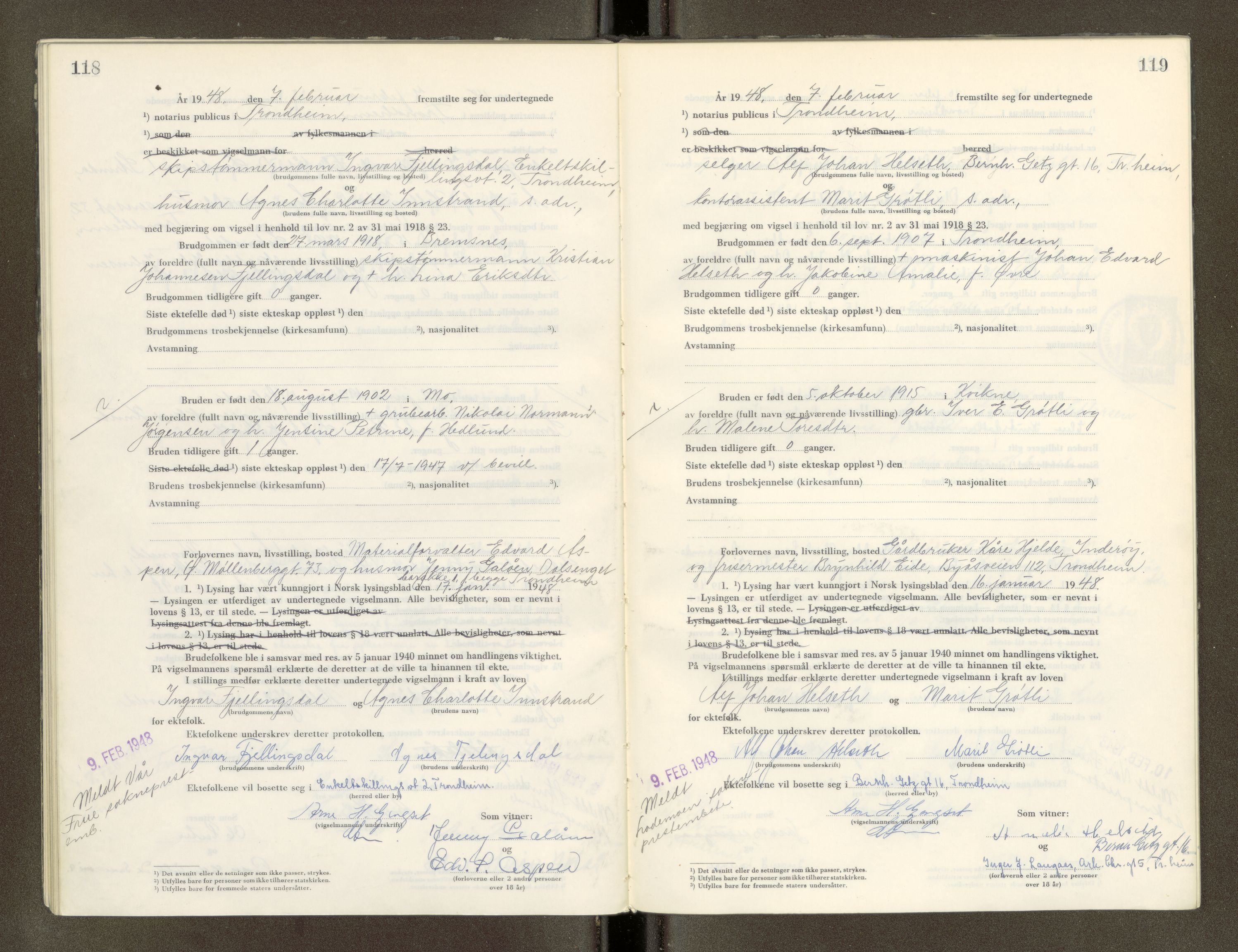 Trondheim byfogd, AV/SAT-A-0003/1/6/6D/L0005: Vigselbøker, 1944-1948, p. 118-119