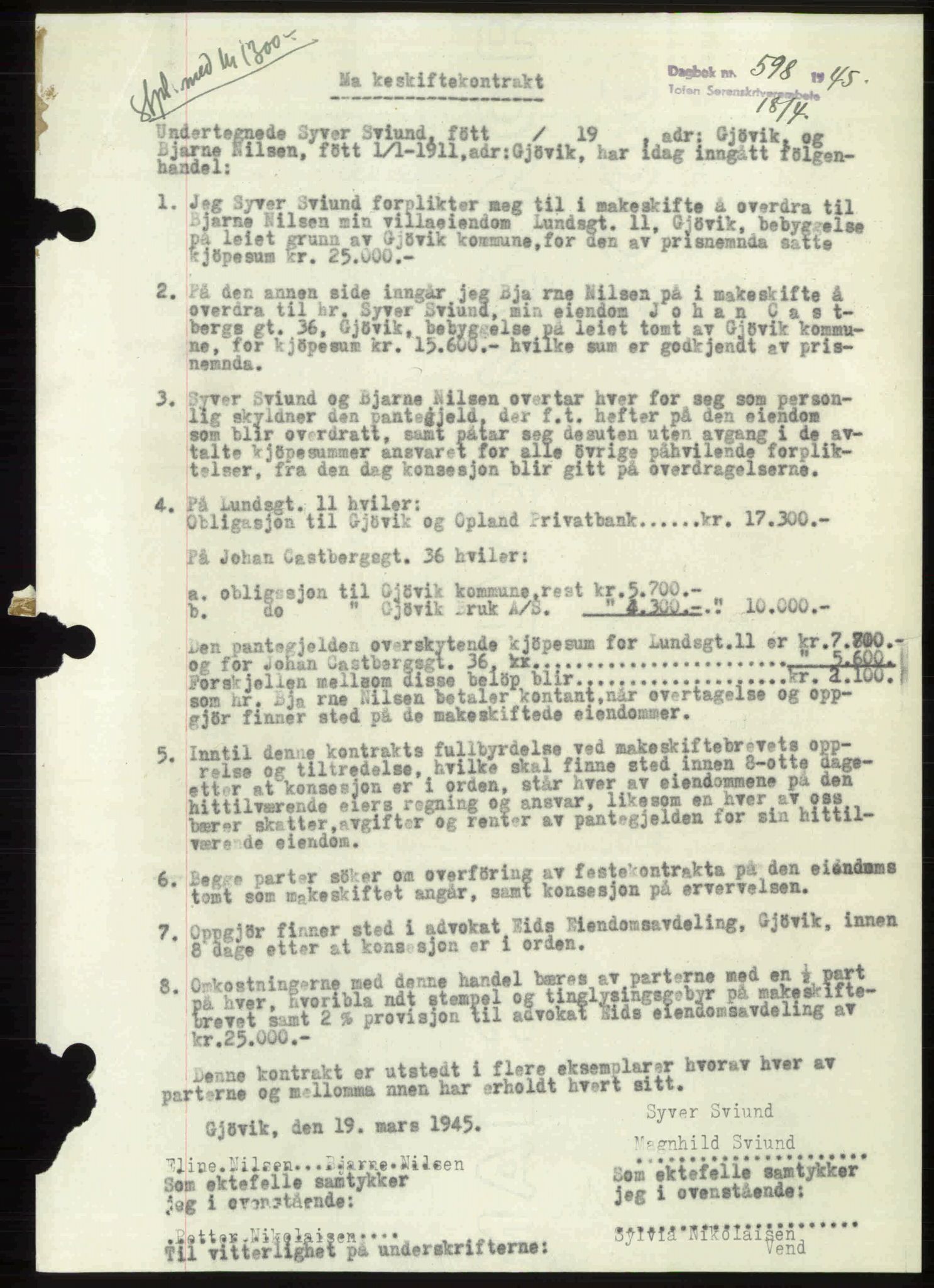 Toten tingrett, AV/SAH-TING-006/H/Hb/Hbc/L0013: Mortgage book no. Hbc-13, 1945-1945, Diary no: : 598/1945