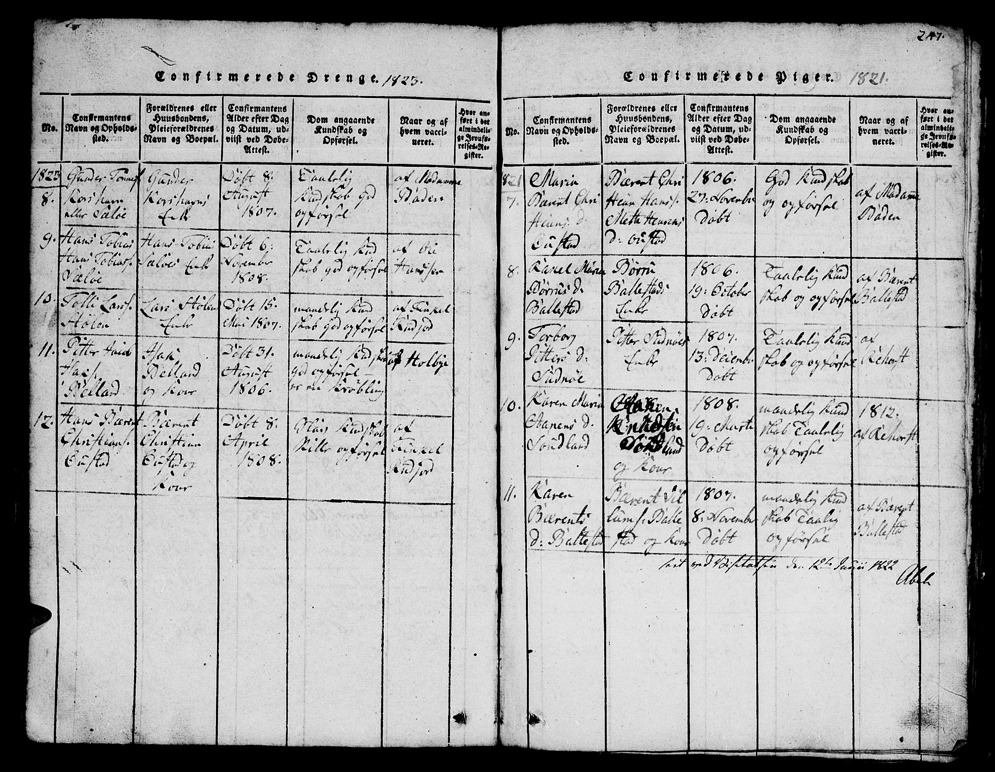 Lyngdal sokneprestkontor, AV/SAK-1111-0029/F/Fb/Fba/L0001: Parish register (copy) no. B 1, 1816-1876, p. 247