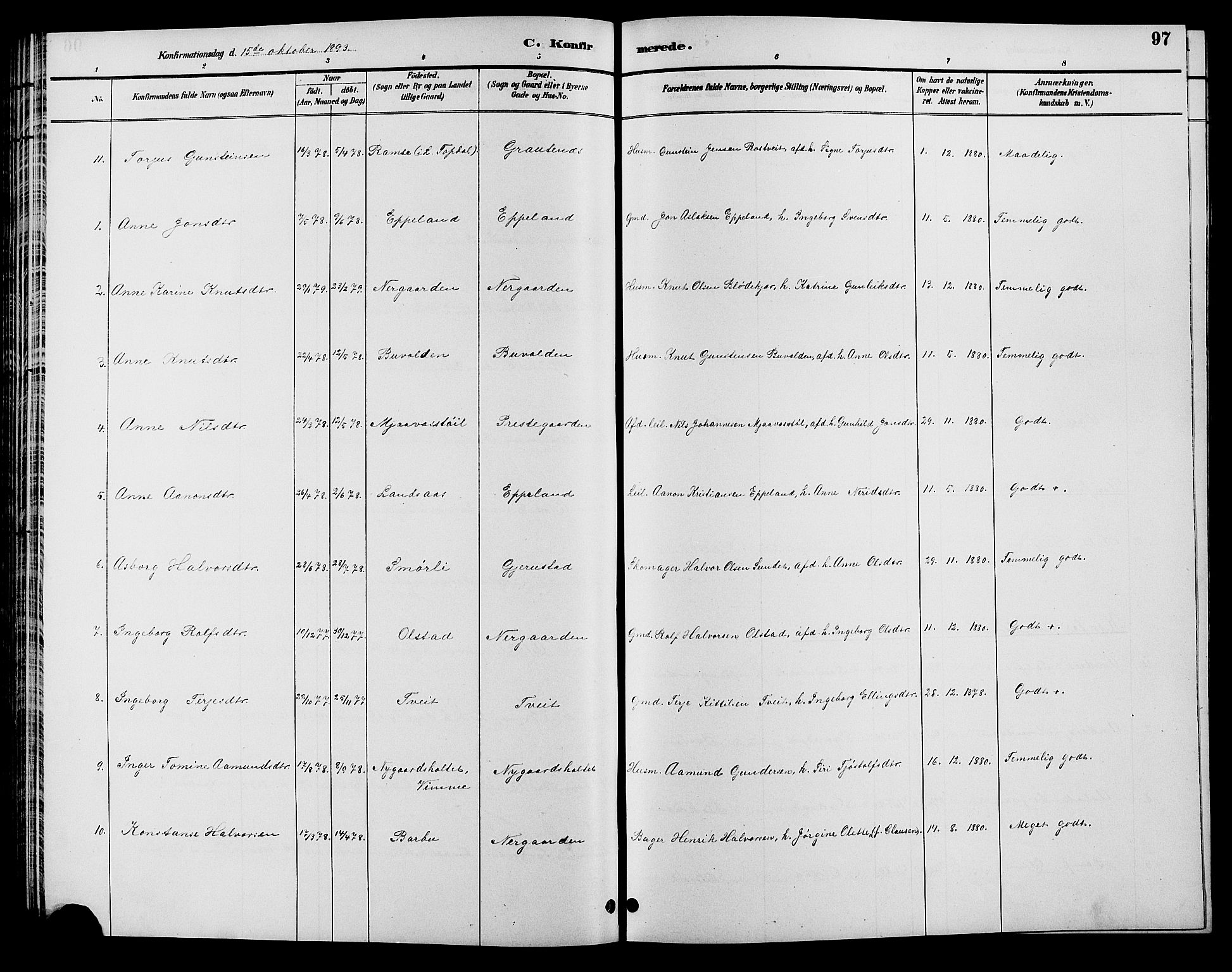 Åmli sokneprestkontor, AV/SAK-1111-0050/F/Fb/Fbc/L0004: Parish register (copy) no. B 4, 1889-1902, p. 97