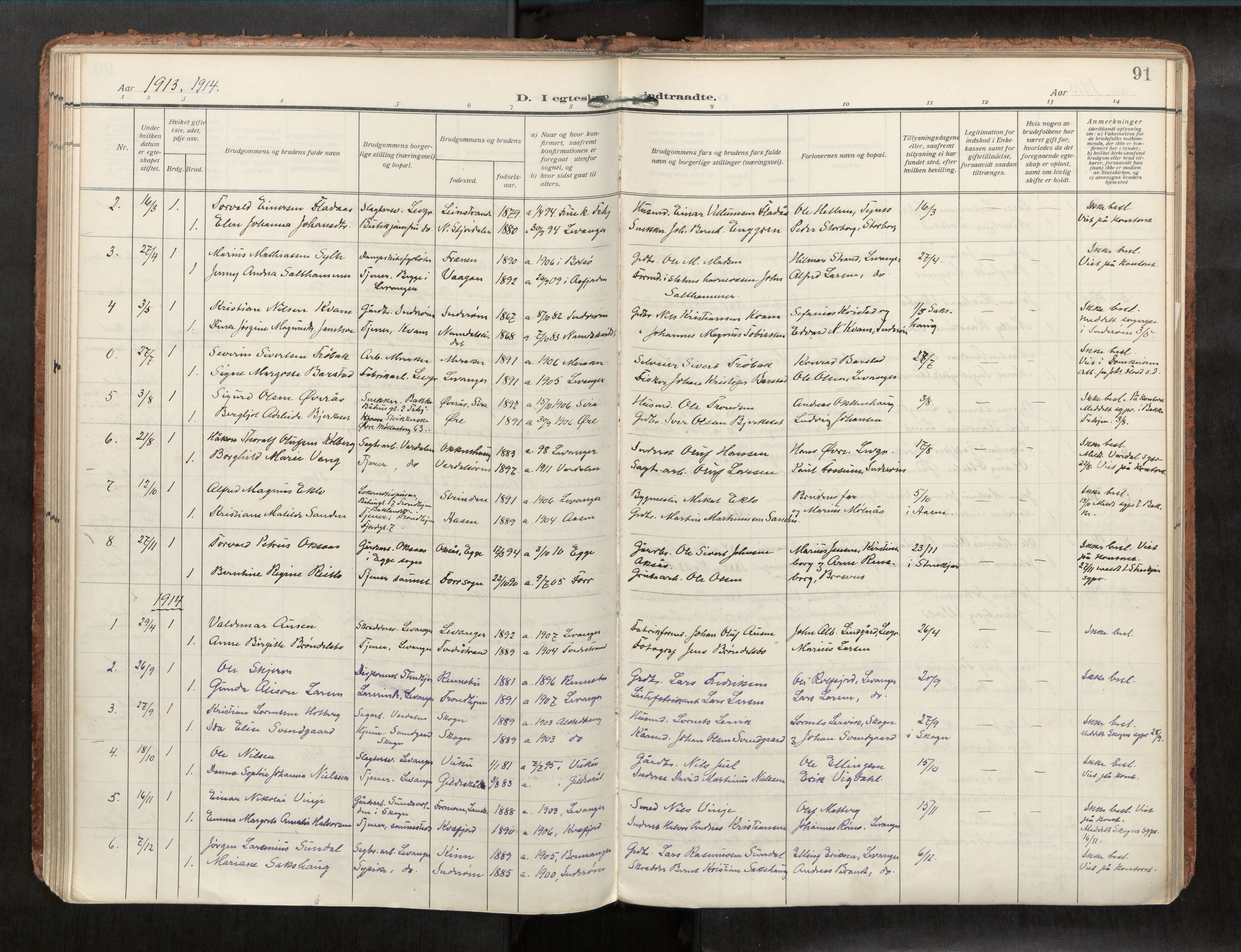Levanger sokneprestkontor, SAT/A-1301/2/H/Haa/L0001: Parish register (official) no. 1, 1912-1932, p. 91