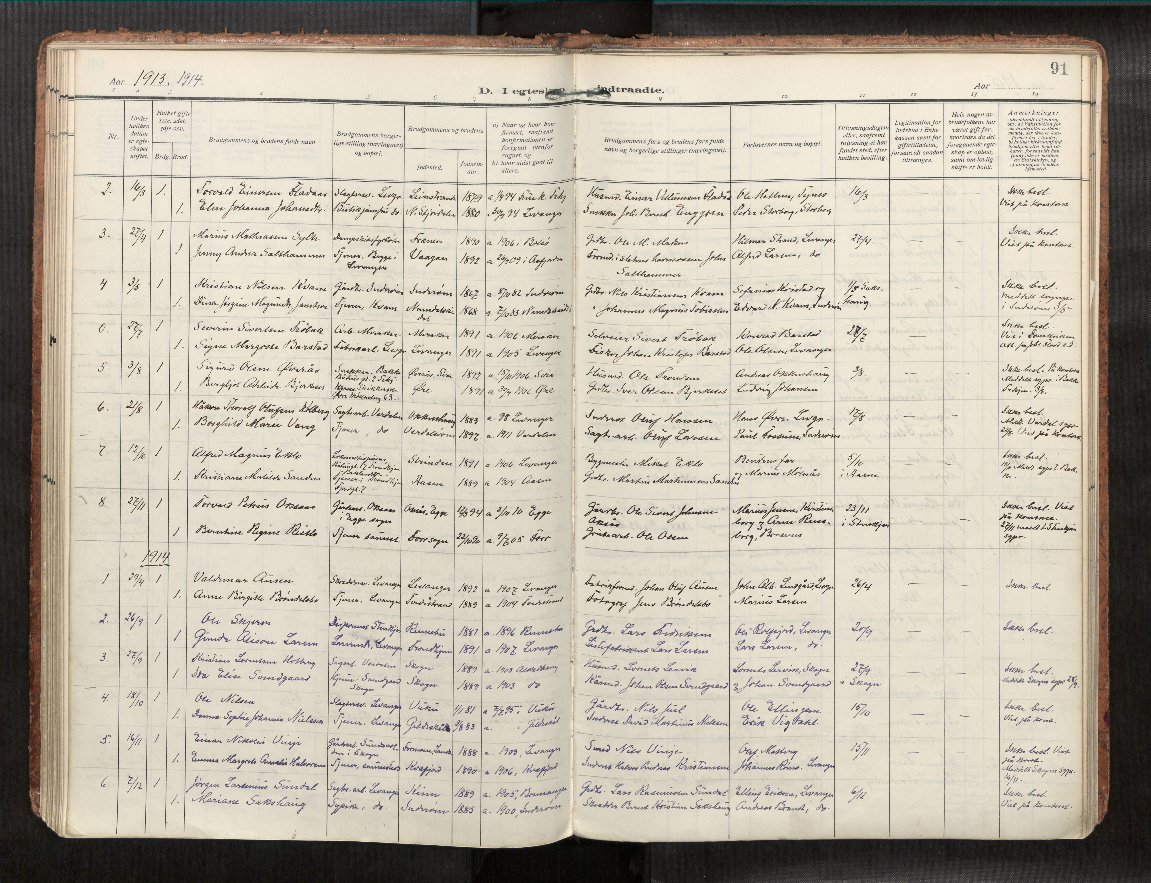 Levanger sokneprestkontor, AV/SAT-A-1301/2/H/Haa/L0001: Parish register (official) no. 1, 1912-1932, p. 91