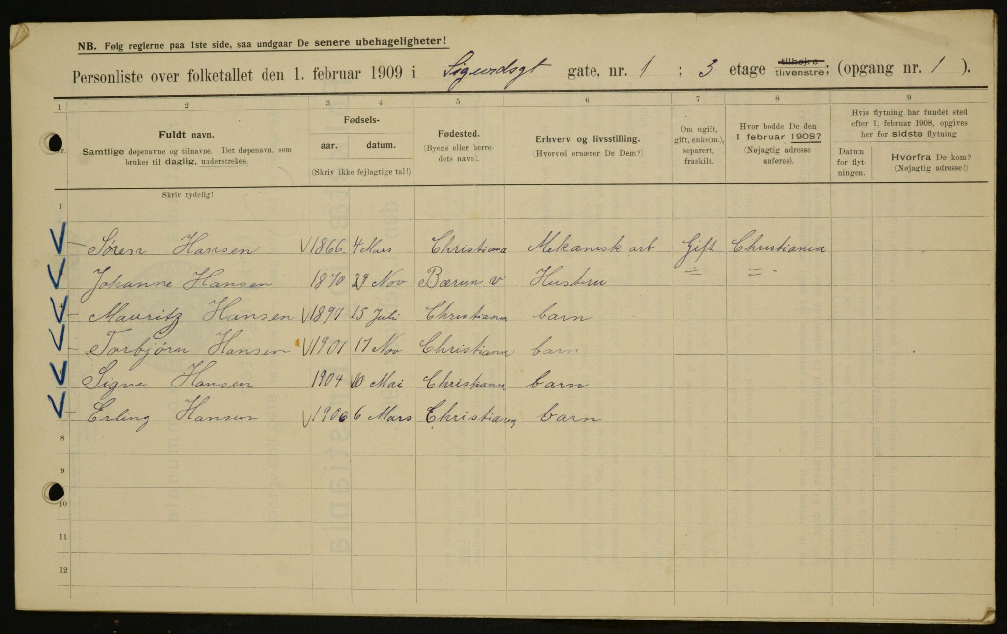 OBA, Municipal Census 1909 for Kristiania, 1909, p. 86032