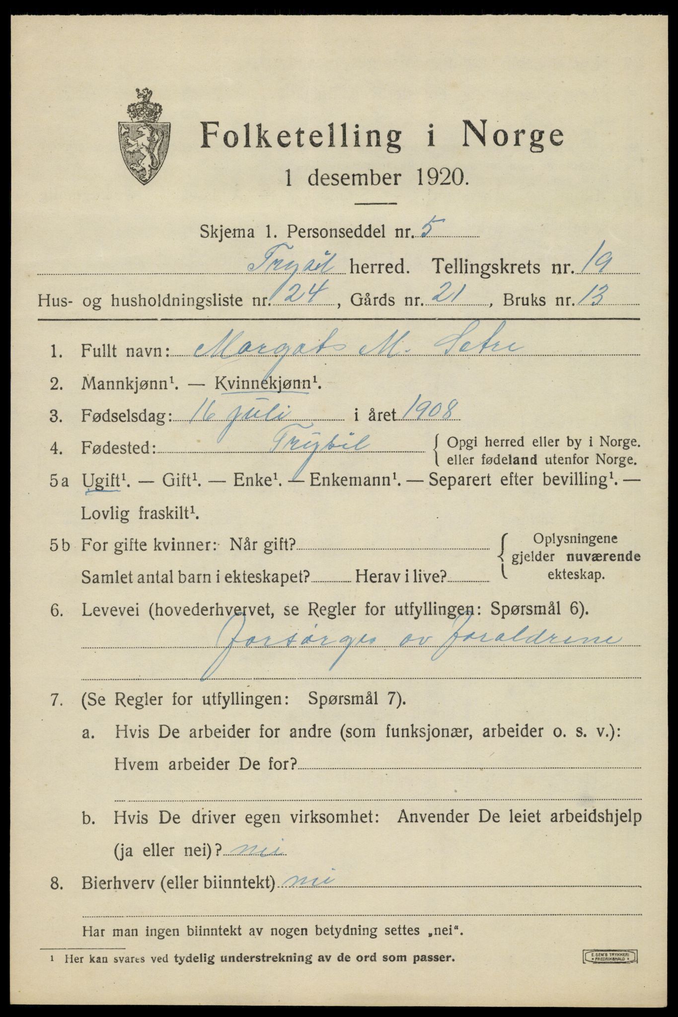 SAH, 1920 census for Trysil, 1920, p. 13009