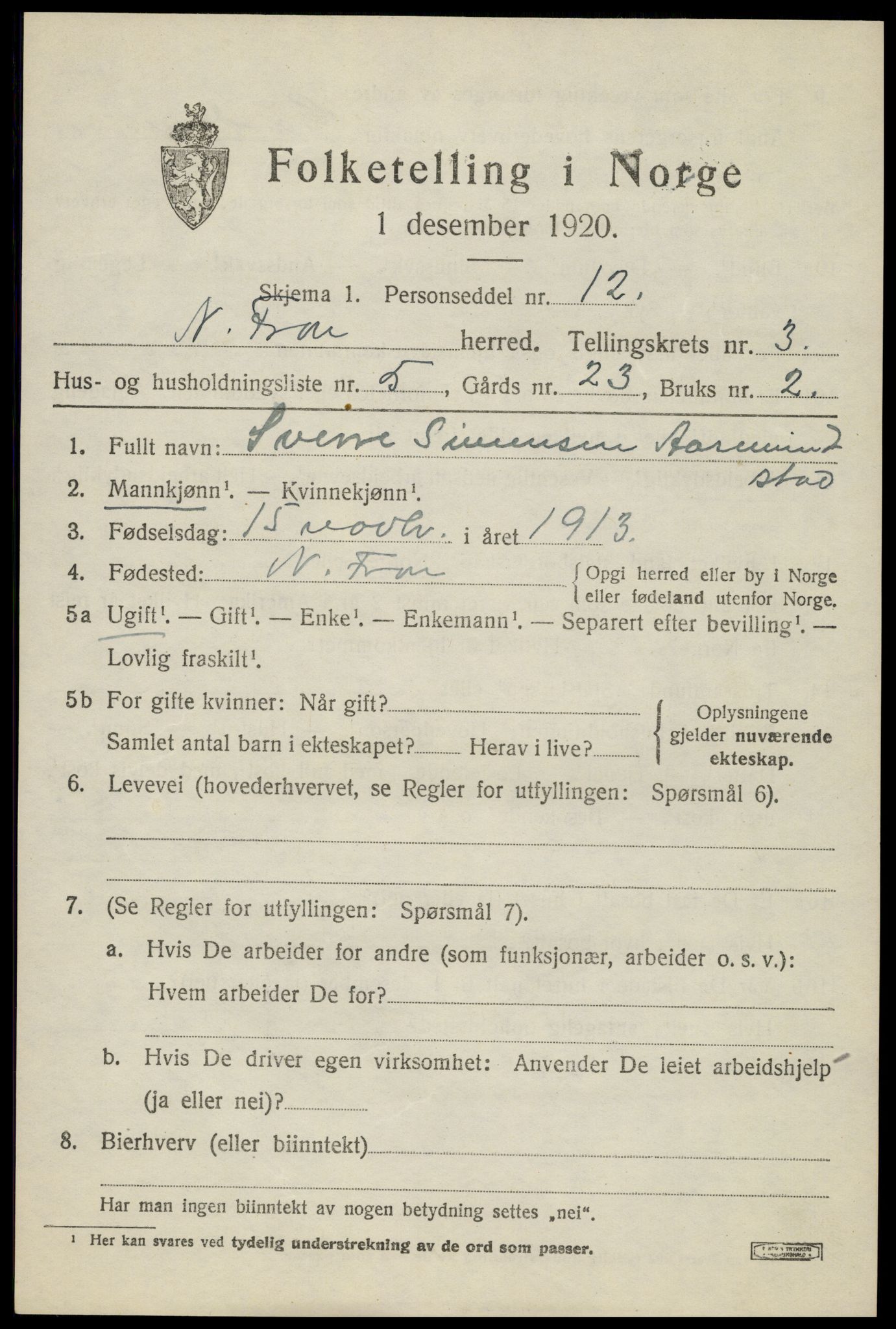 SAH, 1920 census for Nord-Fron, 1920, p. 3104