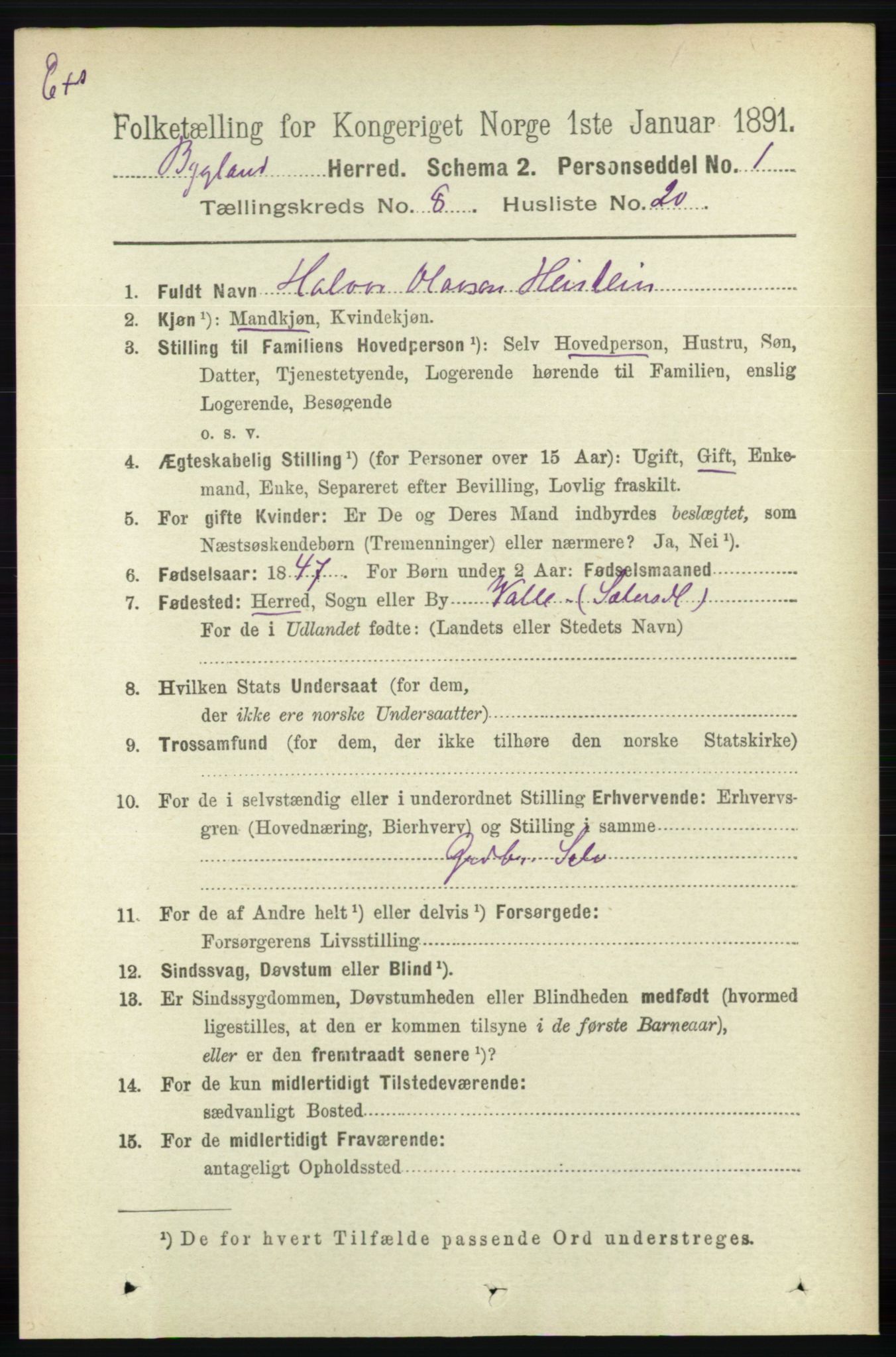 RA, Census 1891 for Nedenes amt: Gjenparter av personsedler for beslektede ektefeller, menn, 1891, p. 1037