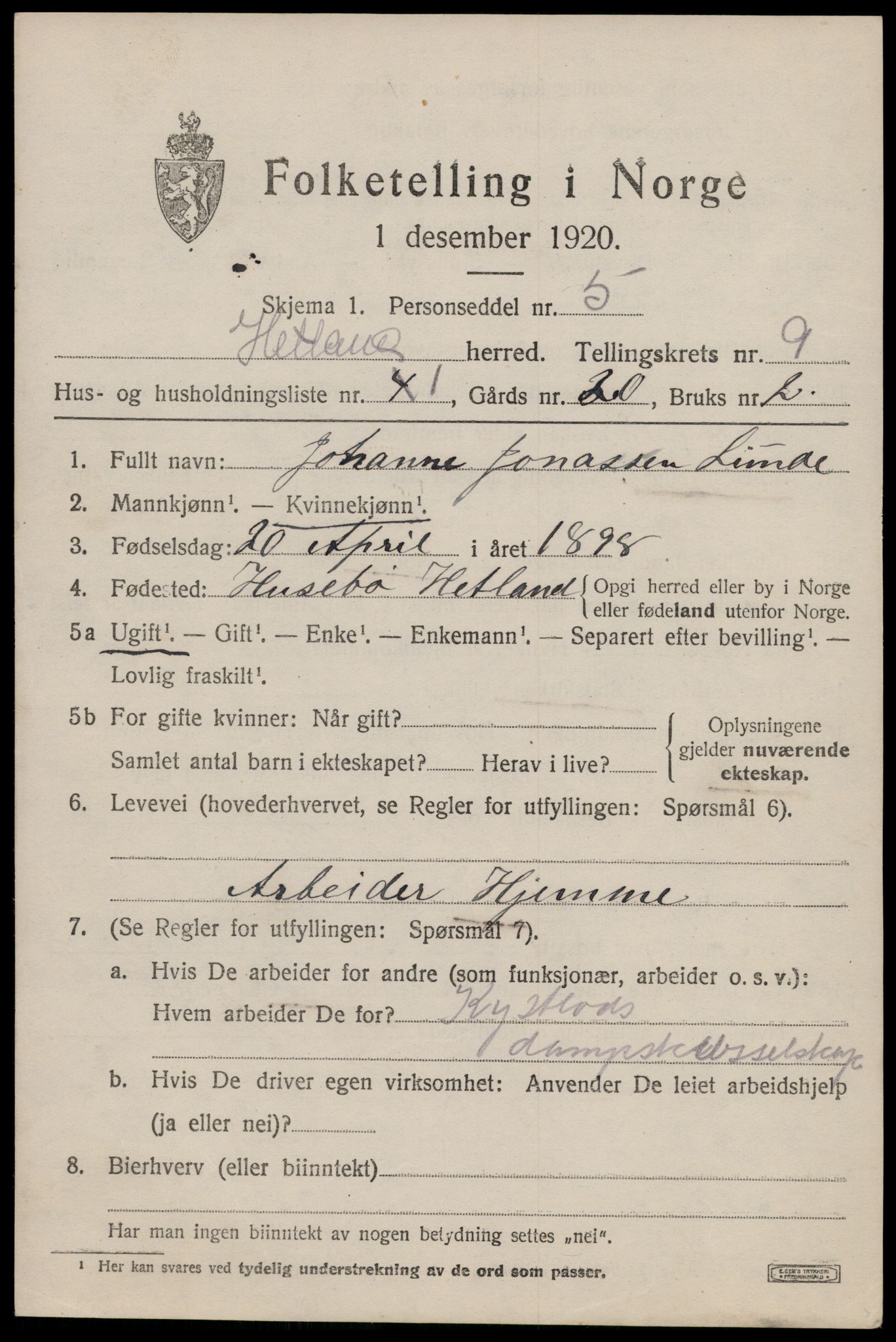 SAST, 1920 census for Hetland, 1920, p. 17725