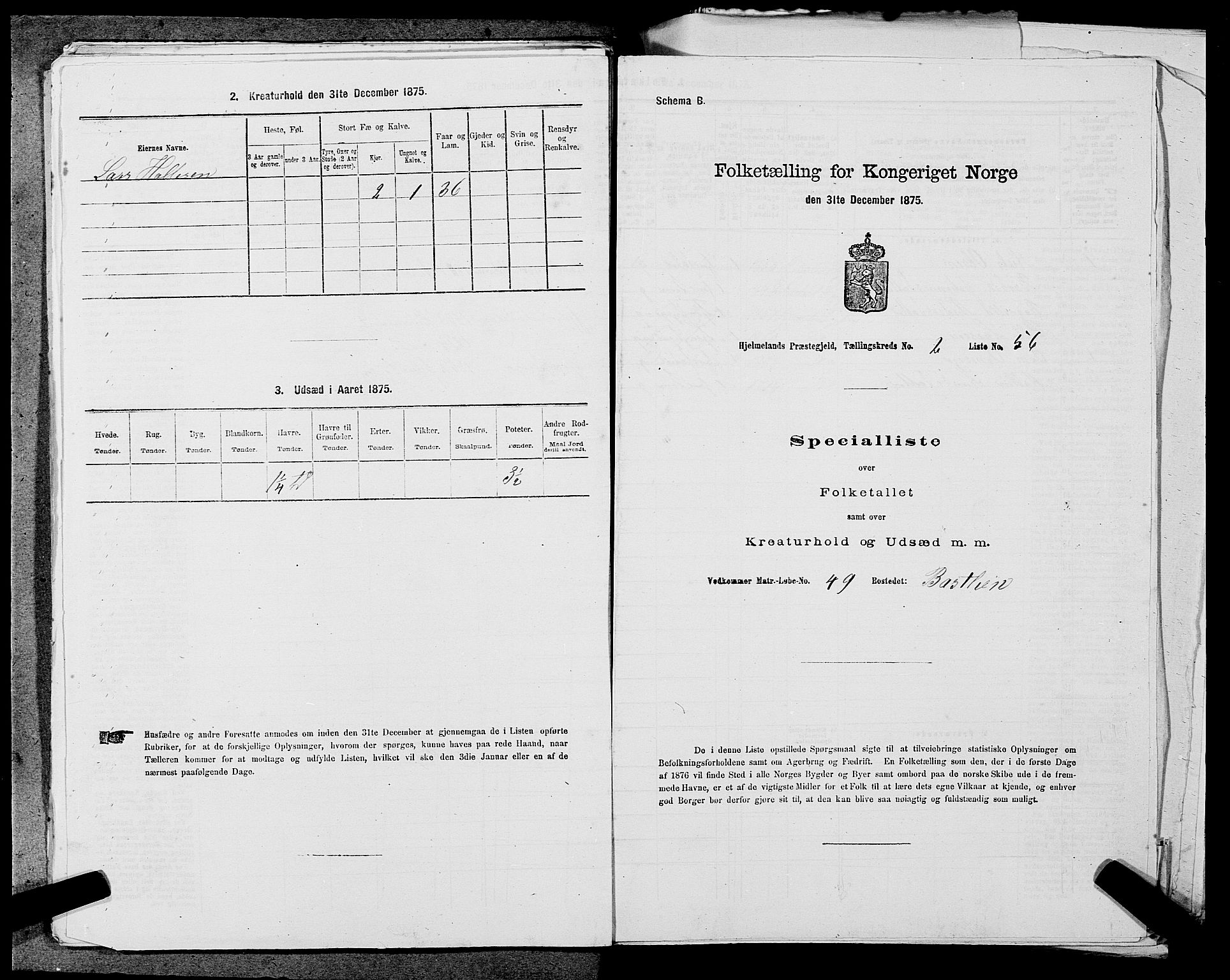 SAST, 1875 census for 1133P Hjelmeland, 1875, p. 313