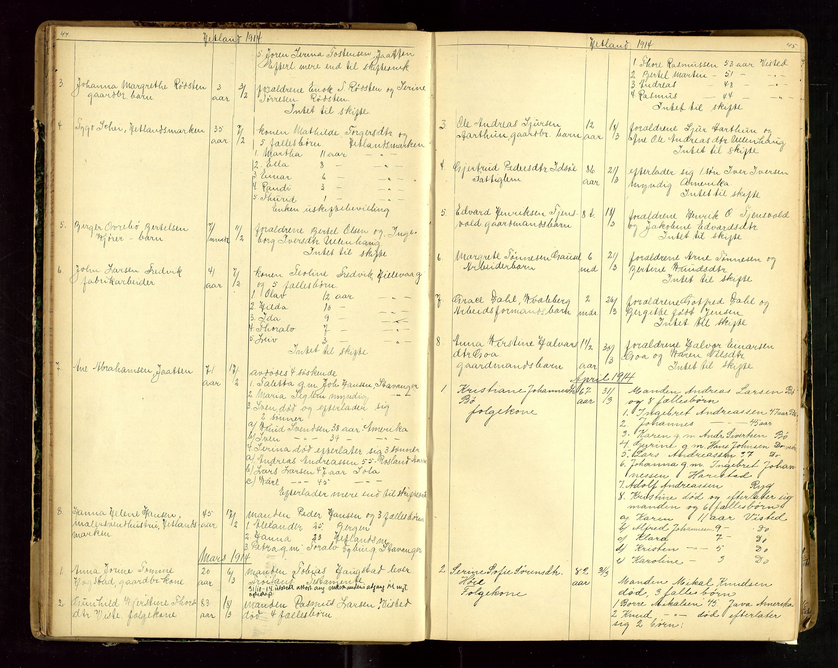 Jæren sorenskriveri, AV/SAST-A-100310/01/5/52/52B/L0003: DØDSFALLPROTOKOLL, 1910-1916, p. 44-45