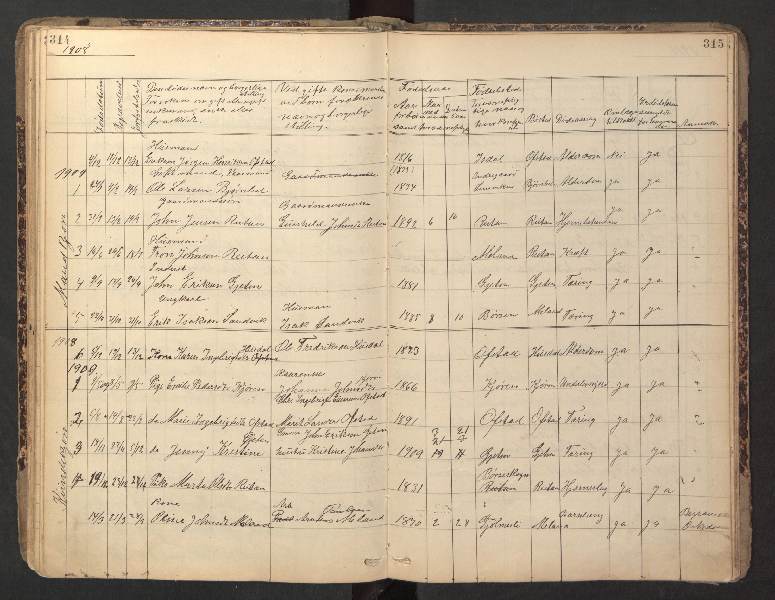 Ministerialprotokoller, klokkerbøker og fødselsregistre - Sør-Trøndelag, AV/SAT-A-1456/670/L0837: Parish register (copy) no. 670C01, 1905-1946, p. 314-315