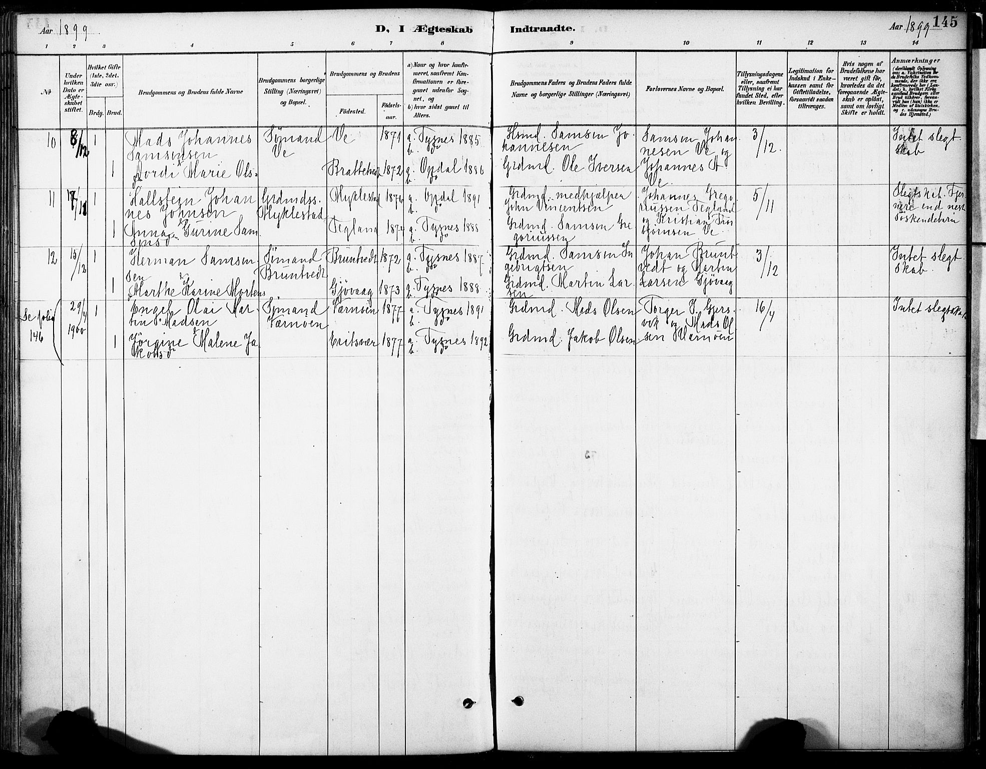 Tysnes sokneprestembete, AV/SAB-A-78601/H/Haa: Parish register (official) no. B 1, 1887-1906, p. 145