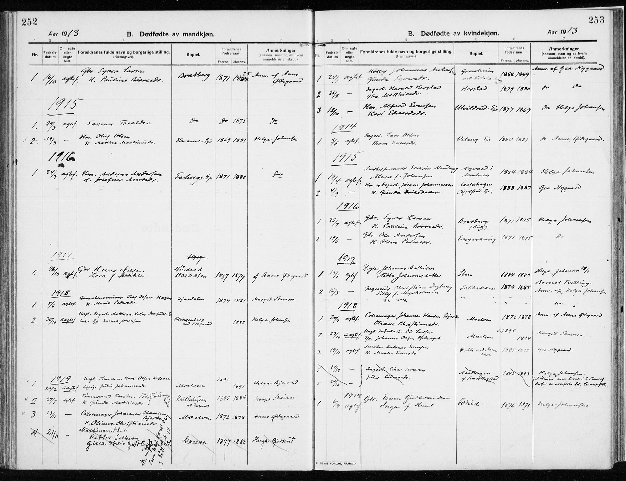 Ringsaker prestekontor, SAH/PREST-014/K/Ka/L0020: Parish register (official) no. 20, 1913-1922, p. 252-253
