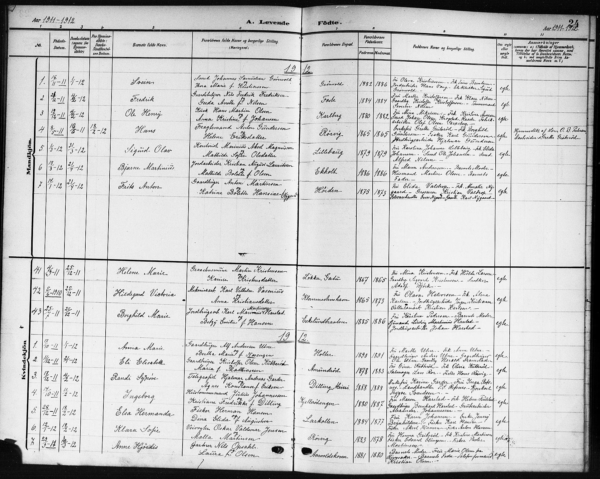 Rygge prestekontor Kirkebøker, SAO/A-10084b/G/Ga/L0003: Parish register (copy) no. 3, 1906-1921, p. 24