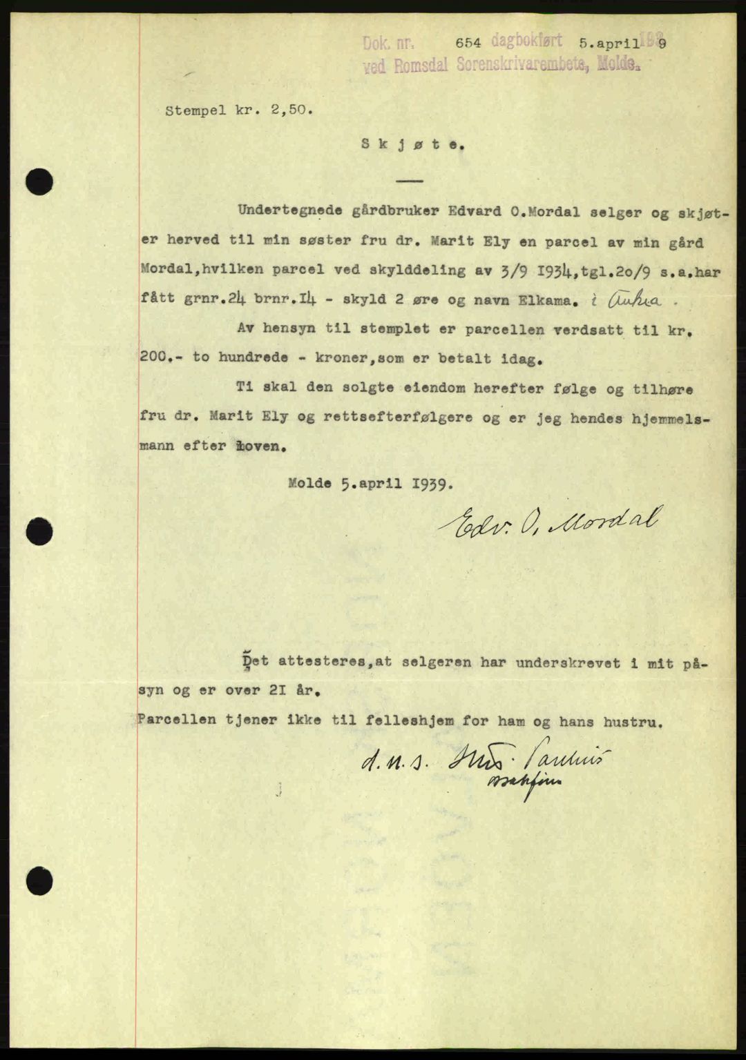 Romsdal sorenskriveri, AV/SAT-A-4149/1/2/2C: Mortgage book no. A6, 1938-1939, Diary no: : 654/1939