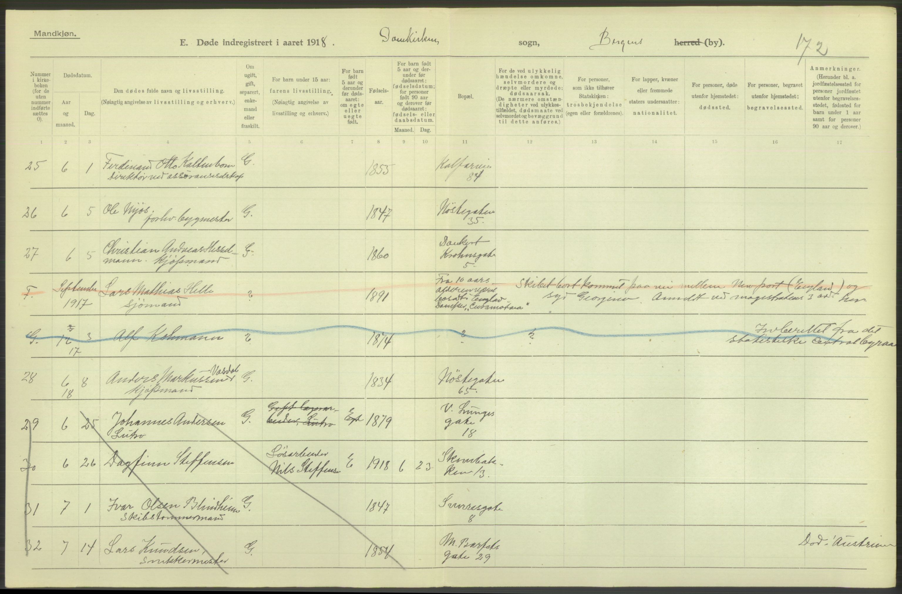 Statistisk sentralbyrå, Sosiodemografiske emner, Befolkning, AV/RA-S-2228/D/Df/Dfb/Dfbh/L0039: Bergen: Døde., 1918, p. 12