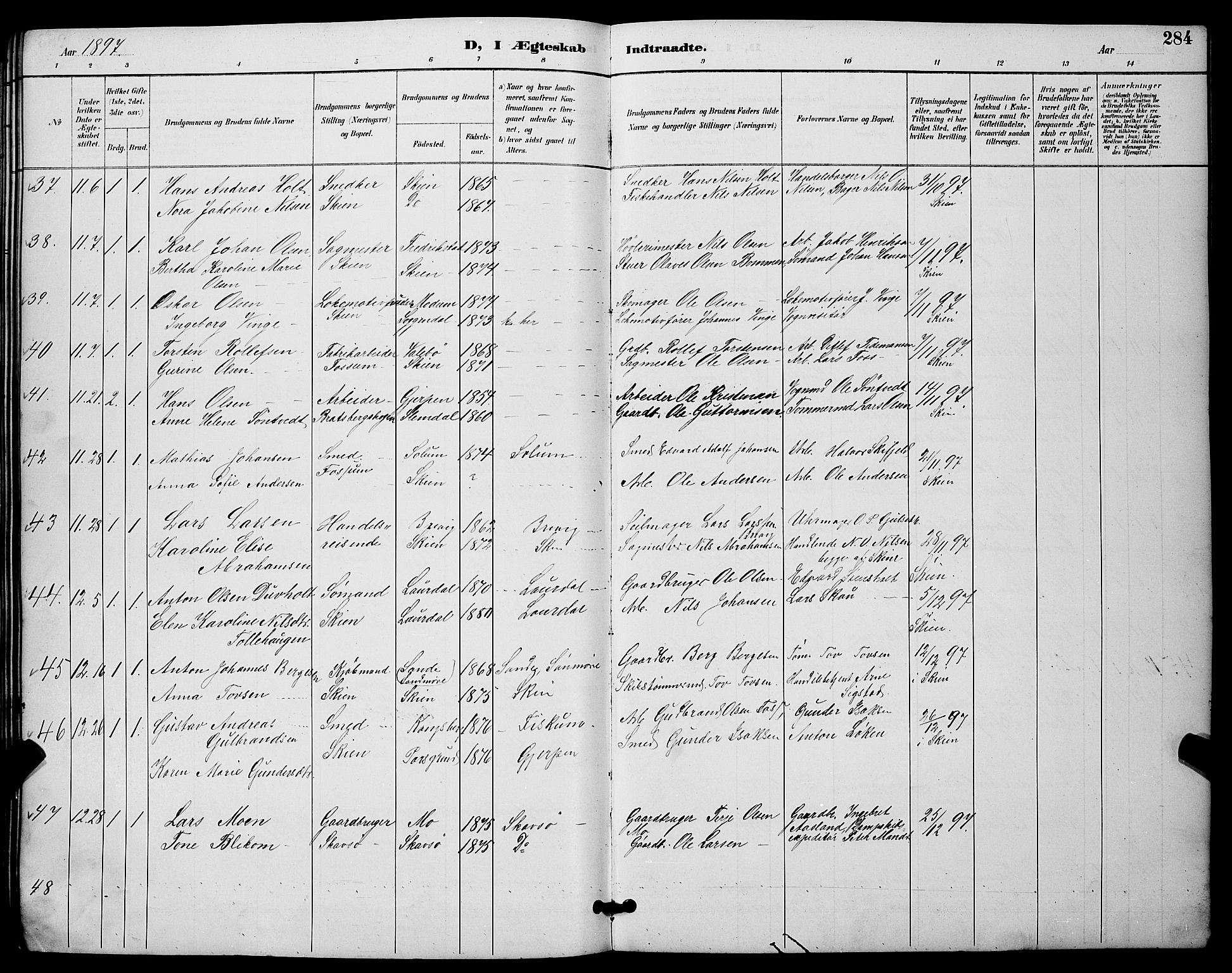 Skien kirkebøker, SAKO/A-302/G/Ga/L0007: Parish register (copy) no. 7, 1891-1900, p. 284